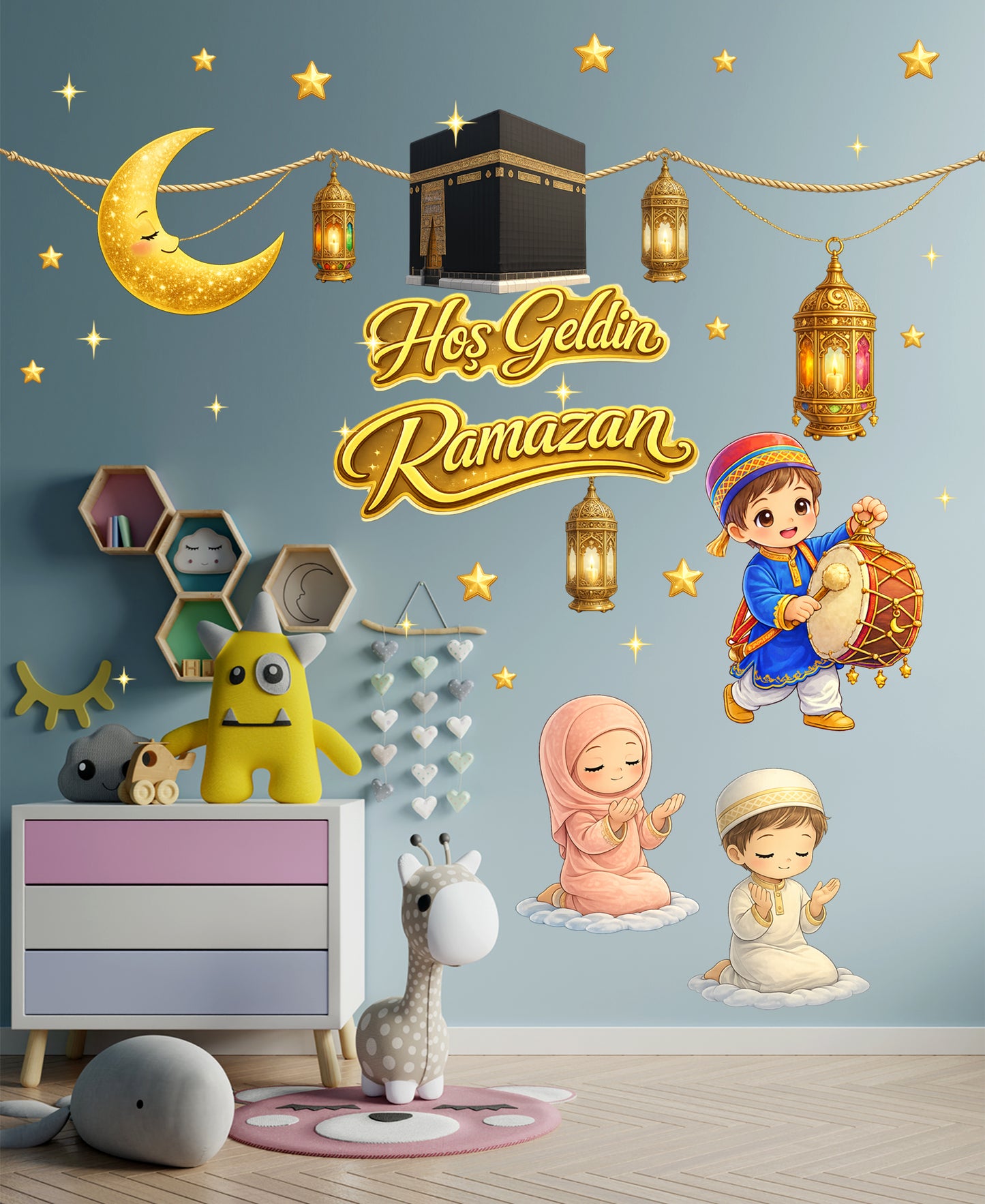 Hoş Geldin Ramazan – Kâbe ve Kandillerle Işıltılı Gece Çocuk Odası Duvar Sticker Seti