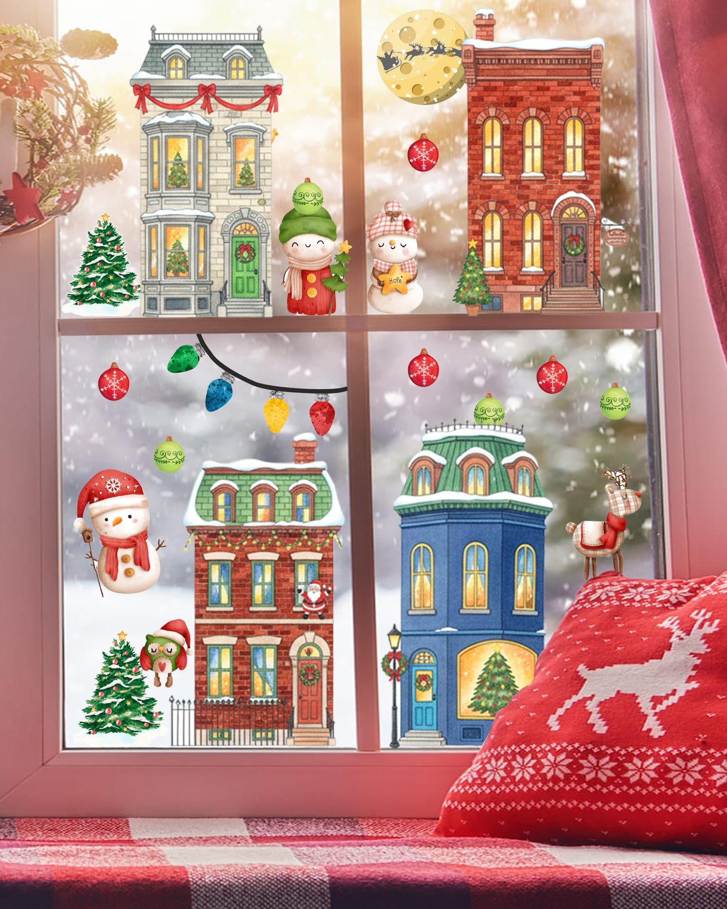 Christmas Karlı Şehir ve Yılbaşı Evi Cam Sticker Seti – Yeni Yıl, Kış Konsepti Duvar ve Pencere Dekoru