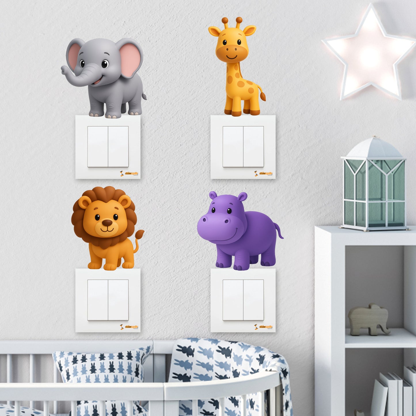 Sevimli Fil, Sevimli Zürafa, Sevimli Aslan, Sevimli Su Aygırı 3D Priz Duvar Çocuk Odası Sticker Seti