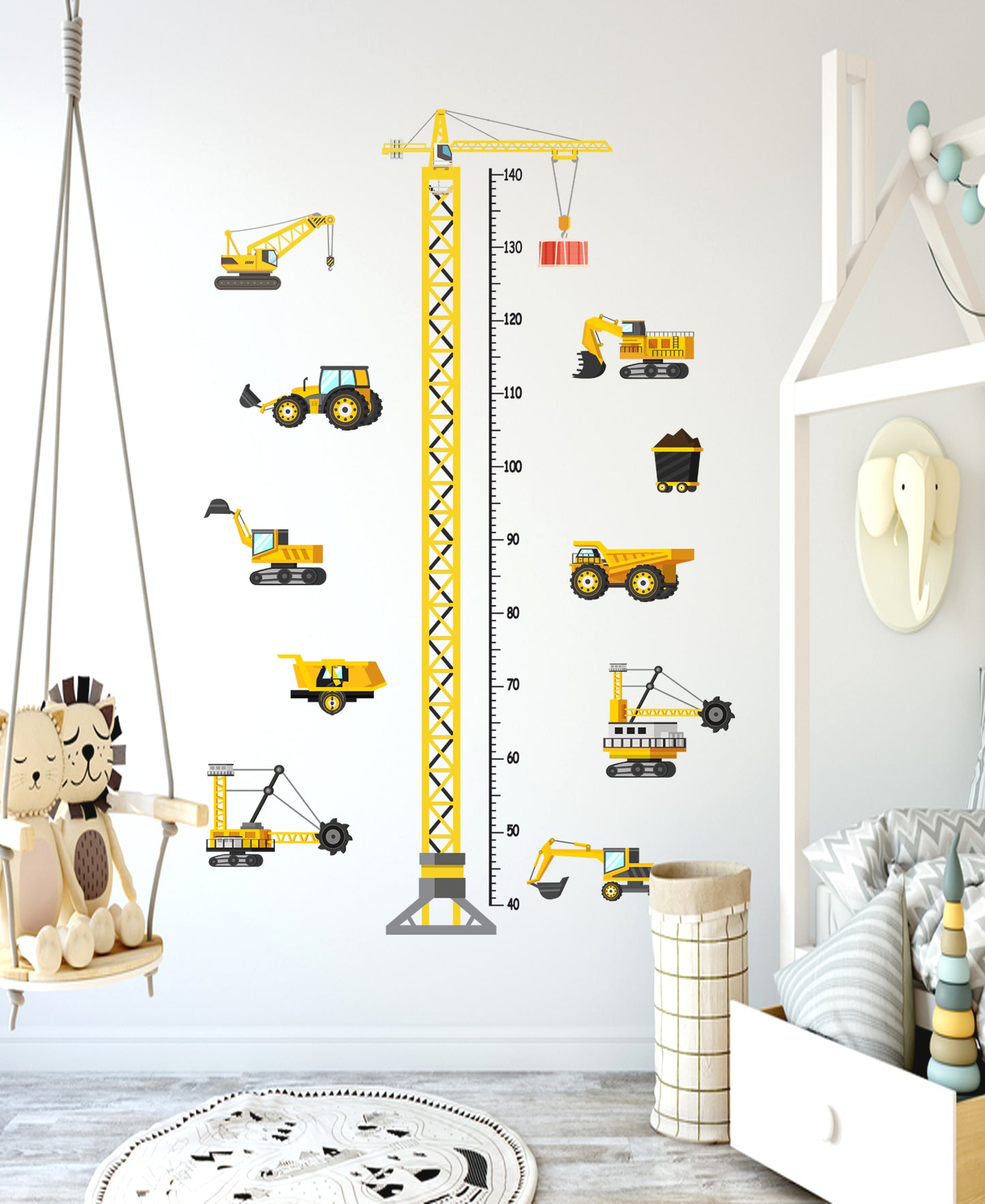 Vinç ve Minik İş Makineleri Boy Ölçer Çocuk Odası Duvar Sticker