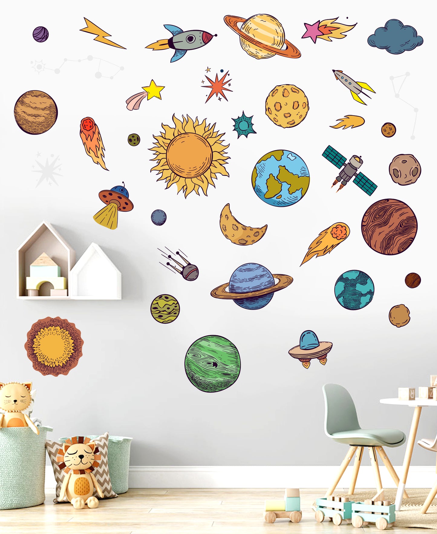 Uzay Temalı Gezegenler, Yıldızlar, Astroit Uzay Objeleri Dekoratif Duvar Sticker
