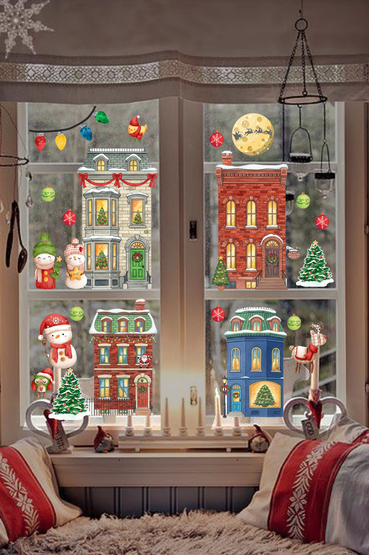 Christmas Karlı Şehir ve Yılbaşı Evi Cam Sticker Seti – Yeni Yıl, Kış Konsepti Duvar ve Pencere Dekoru