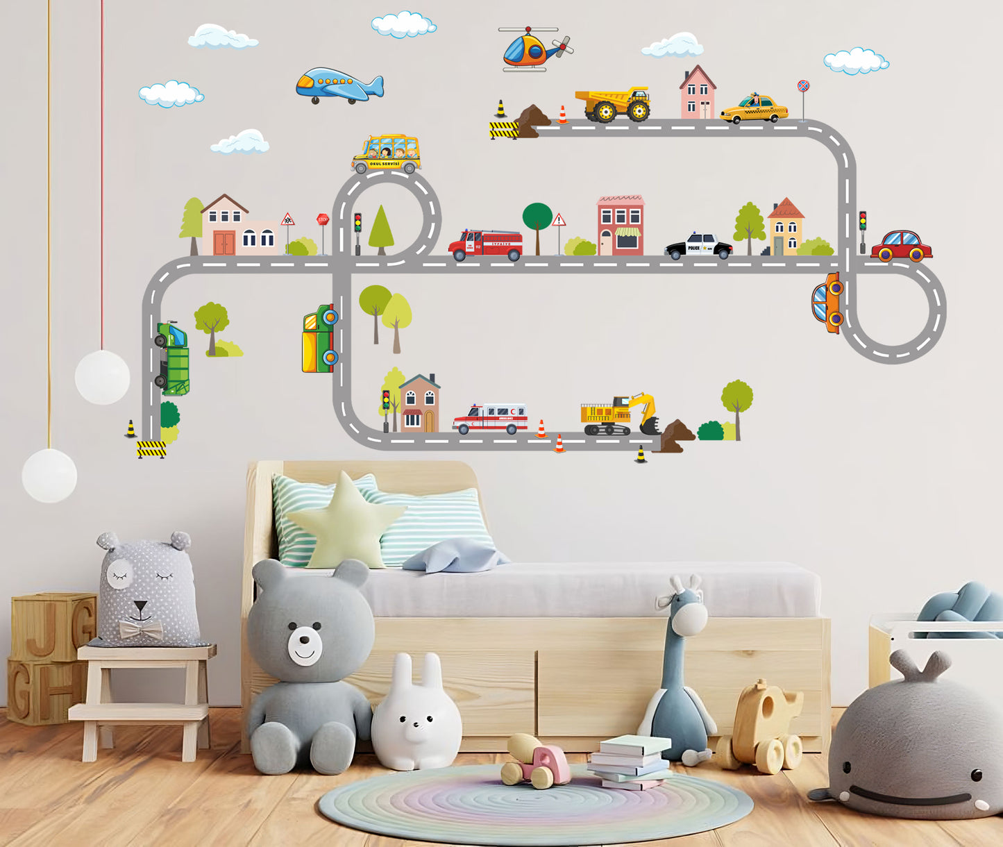 Kasaba Temalı Yol ve Araçlar Çocuk Odası Duvar Stickerı Duvar Dekoru
