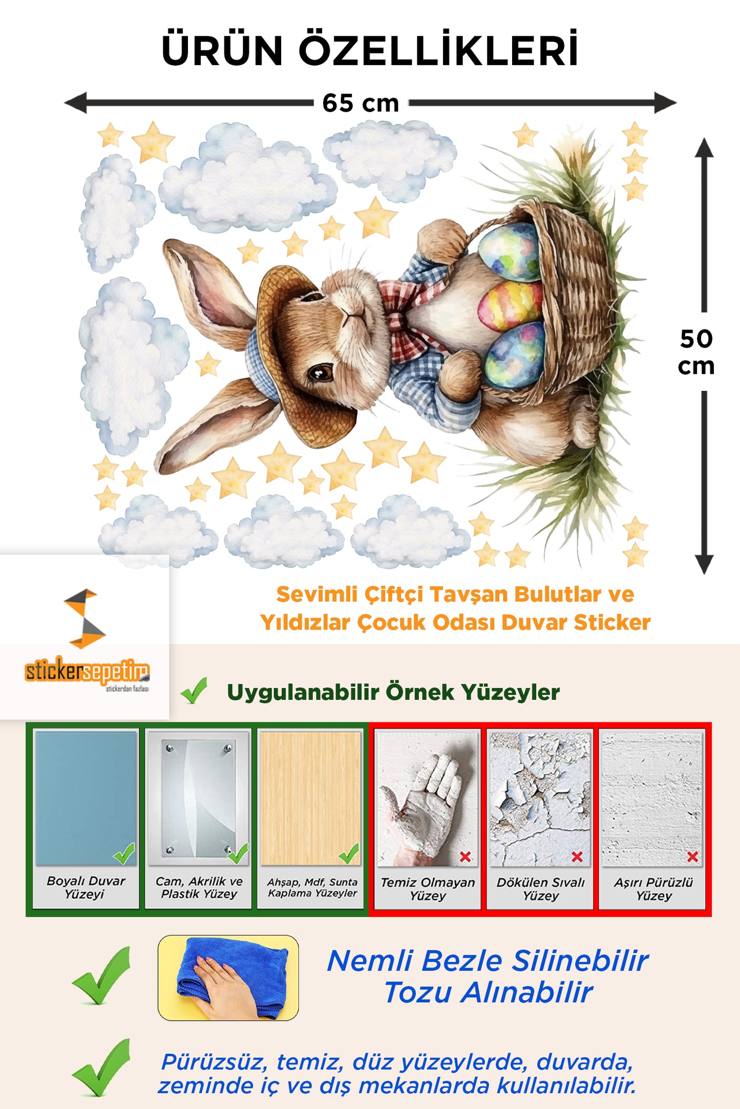 Sevimli Çiftçi Tavşan Bulutlar ve Yıldızlar Çocuk Odası Duvar Sticker
