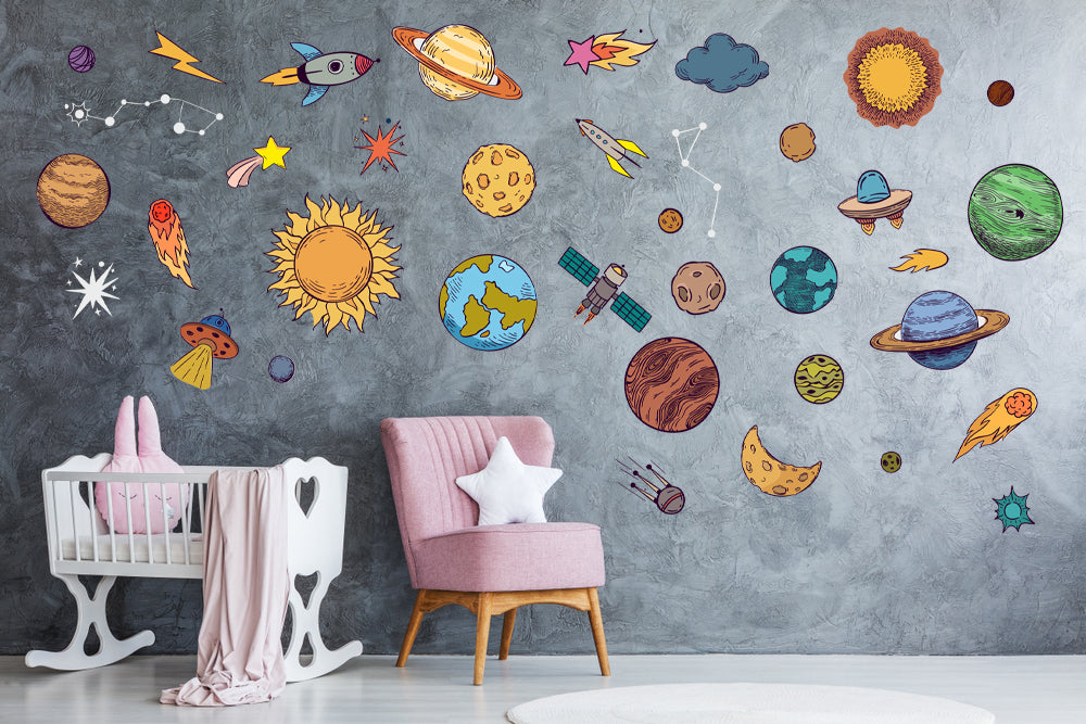 Uzay Temalı Gezegenler, Yıldızlar, Astroit Uzay Objeleri Dekoratif Duvar Sticker