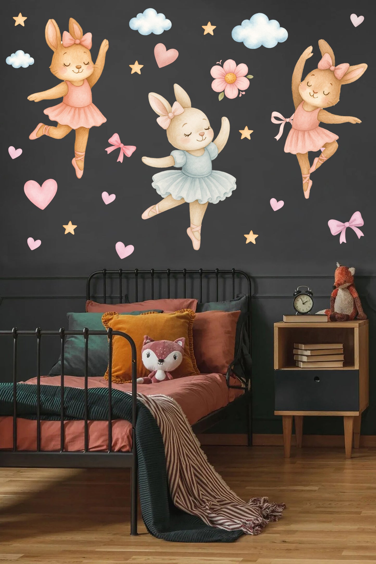 Sulu Boya Balerin Tavşanlar Çocuk Odası Duvar Sticker Seti – Pastel Pembe Mavi Dekor