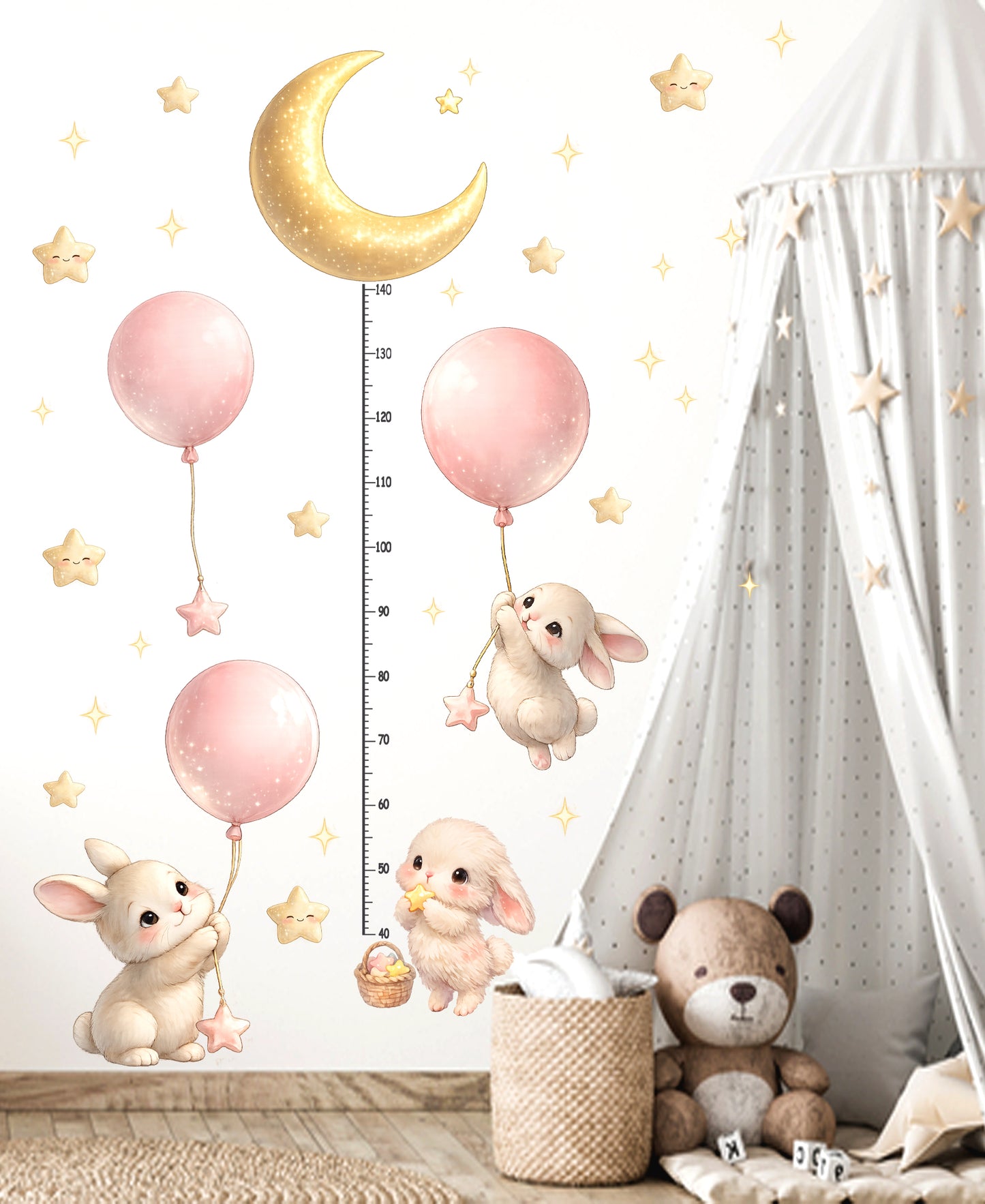 Pembe Balonlu Tavşanlar – Ay Işığında Büyüme Yolculuğu | Boy Ölçer Çocuk Odası Duvar Sticker