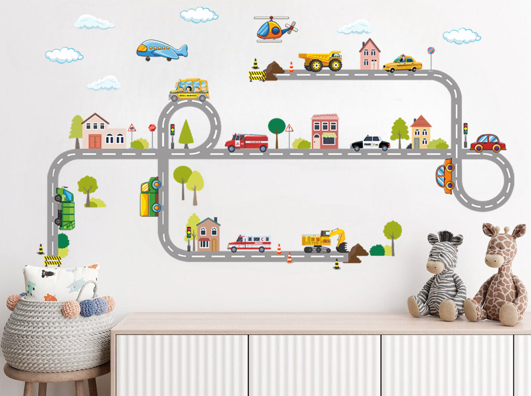 Kasaba Temalı Yol ve Araçlar Çocuk Odası Duvar Stickerı Duvar Dekoru