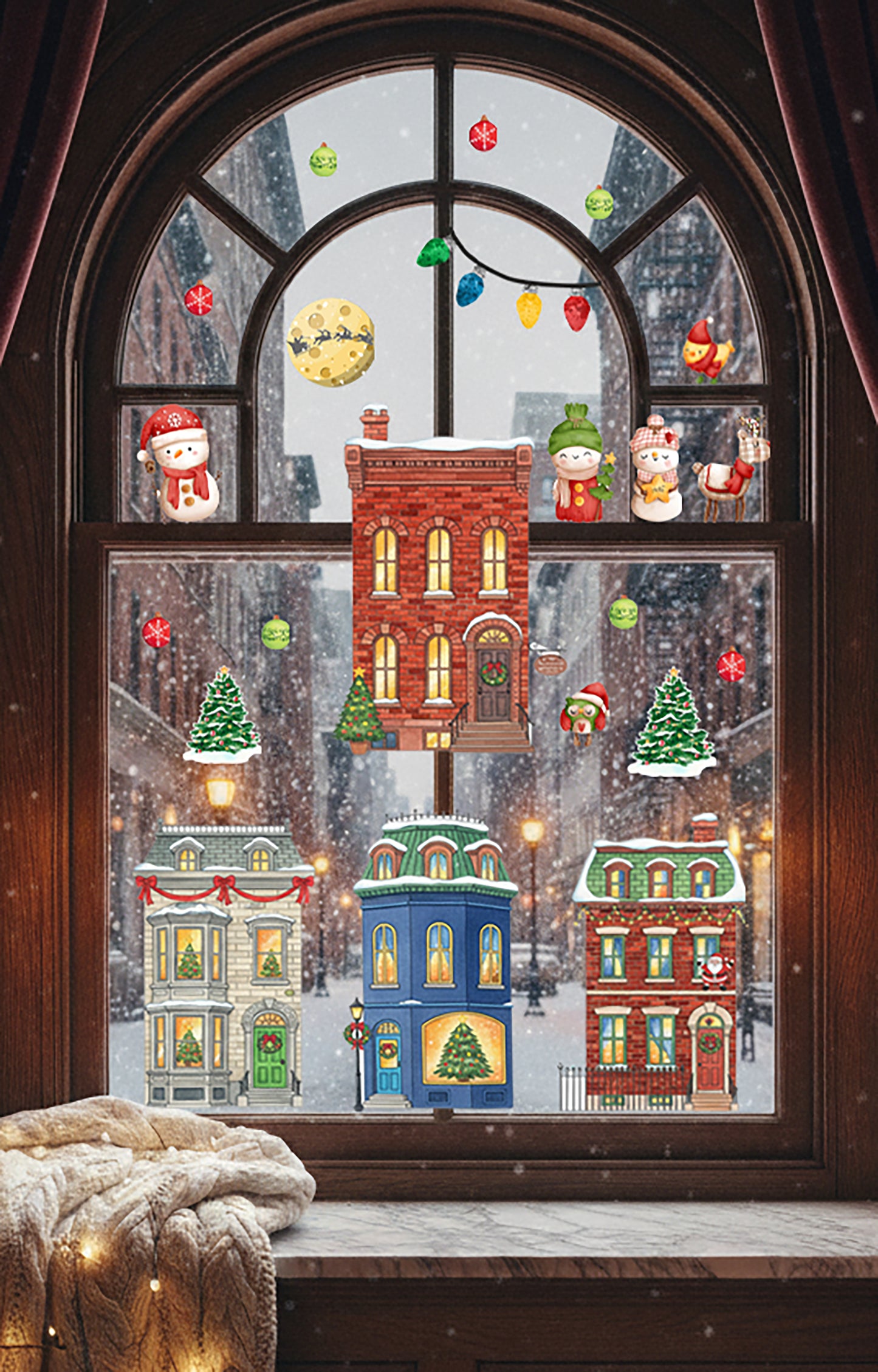 Christmas Karlı Şehir ve Yılbaşı Evi Cam Sticker Seti – Yeni Yıl, Kış Konsepti Duvar ve Pencere Dekoru