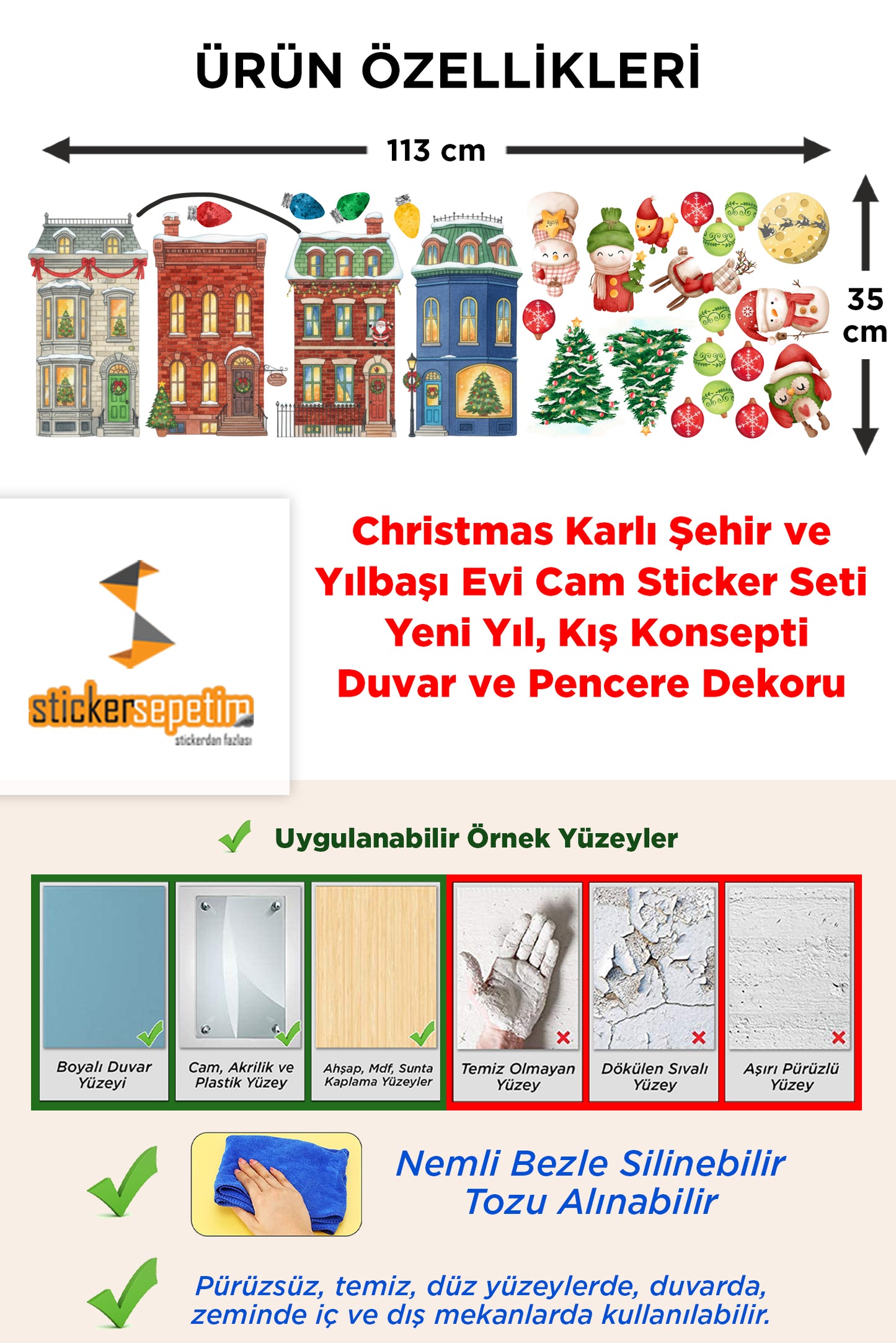 Christmas Karlı Şehir ve Yılbaşı Evi Cam Sticker Seti – Yeni Yıl, Kış Konsepti Duvar ve Pencere Dekoru