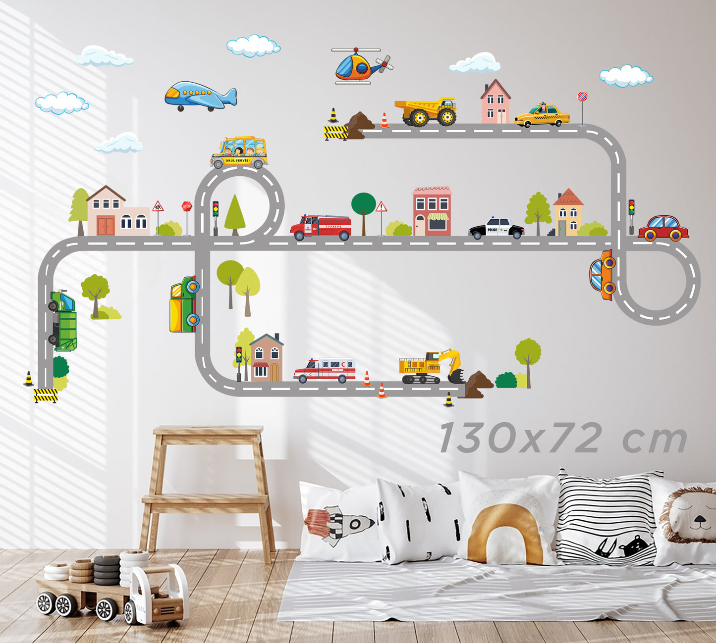 Kasaba Temalı Yol ve Araçlar Çocuk Odası Duvar Stickerı Duvar Dekoru