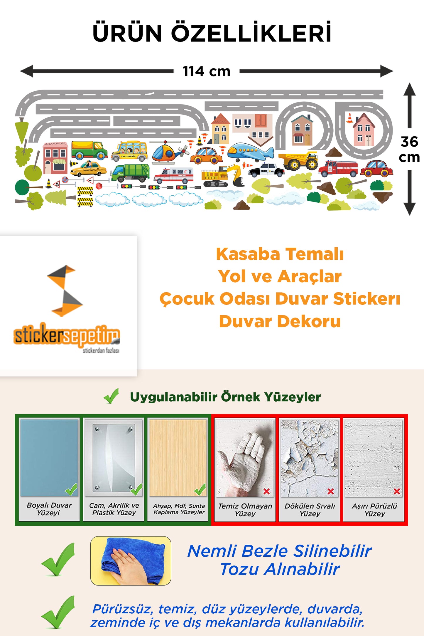 Kasaba Temalı Yol ve Araçlar Çocuk Odası Duvar Stickerı Duvar Dekoru