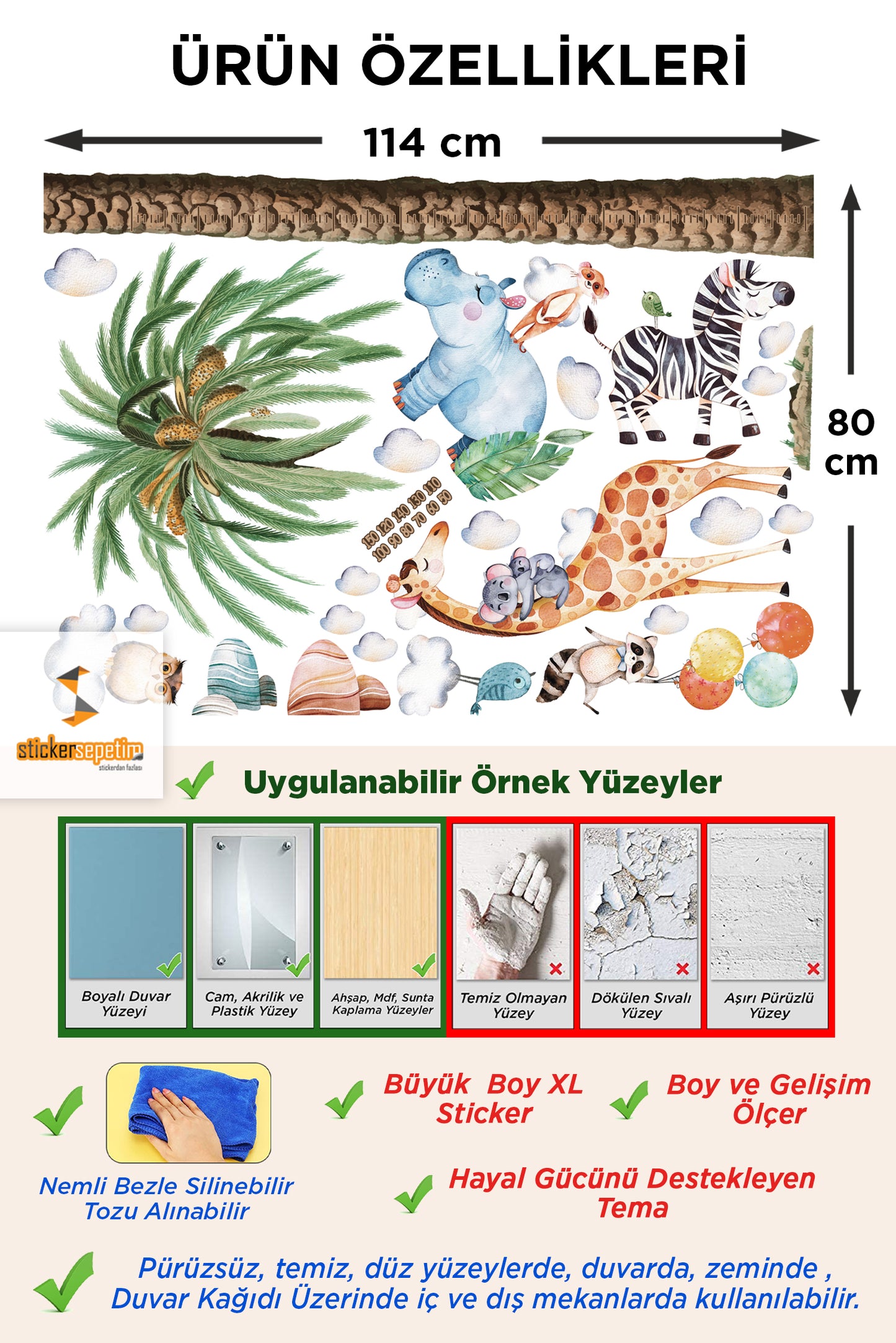 Sevimli Safari Havanları Palmiye XL Boy ve Gelişim Ölçer Çocuk Odası Duvar Sticker