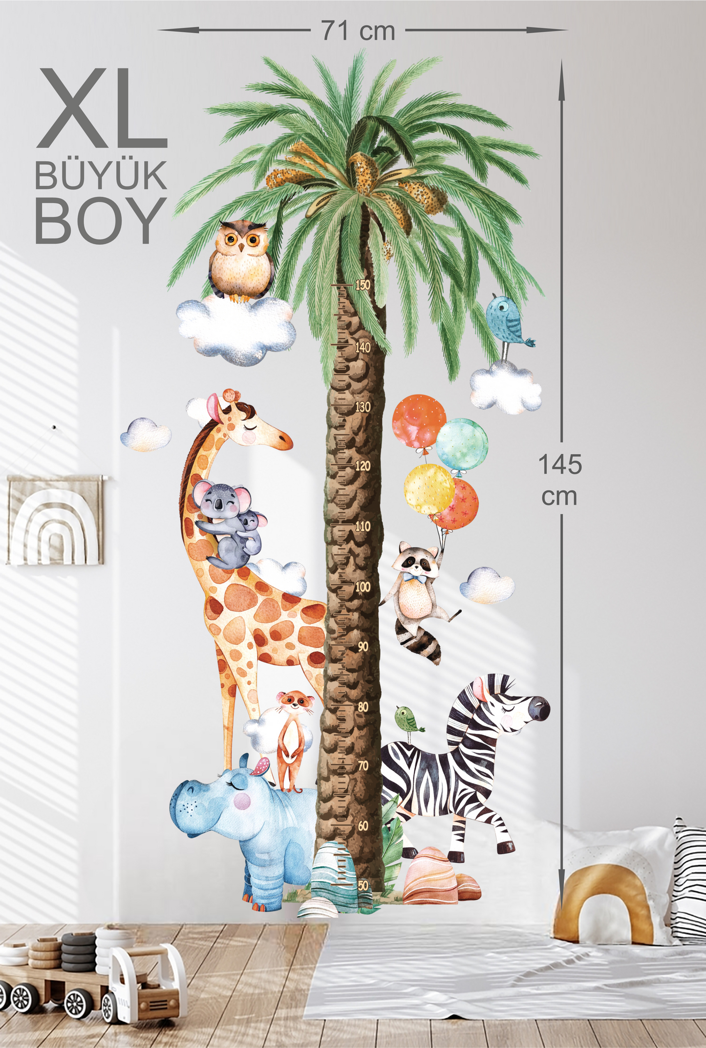 Sevimli Safari Havanları Palmiye XL Boy ve Gelişim Ölçer Çocuk Odası Duvar Sticker