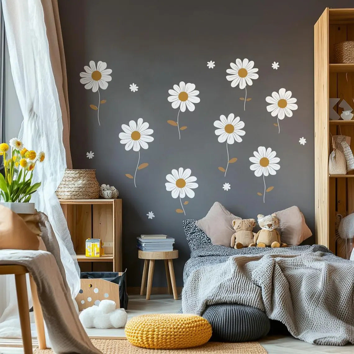 Papatya Desenli Duvar Çıkartmaları Boho Çiçek Çocuk Odası Duvar Sticker Seti