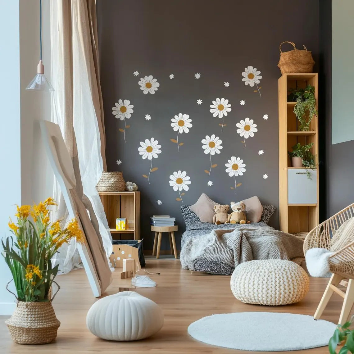 Papatya Desenli Duvar Çıkartmaları Boho Çiçek Çocuk Odası Duvar Sticker Seti