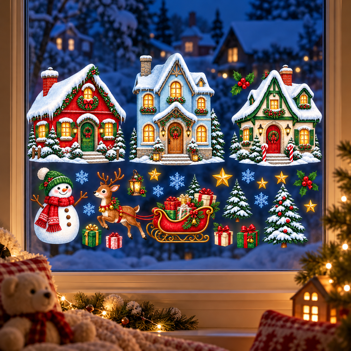 Christmas Karlı Şehir Kış Yılbaşı Dekor Cam ve Duvar Sticker Seti