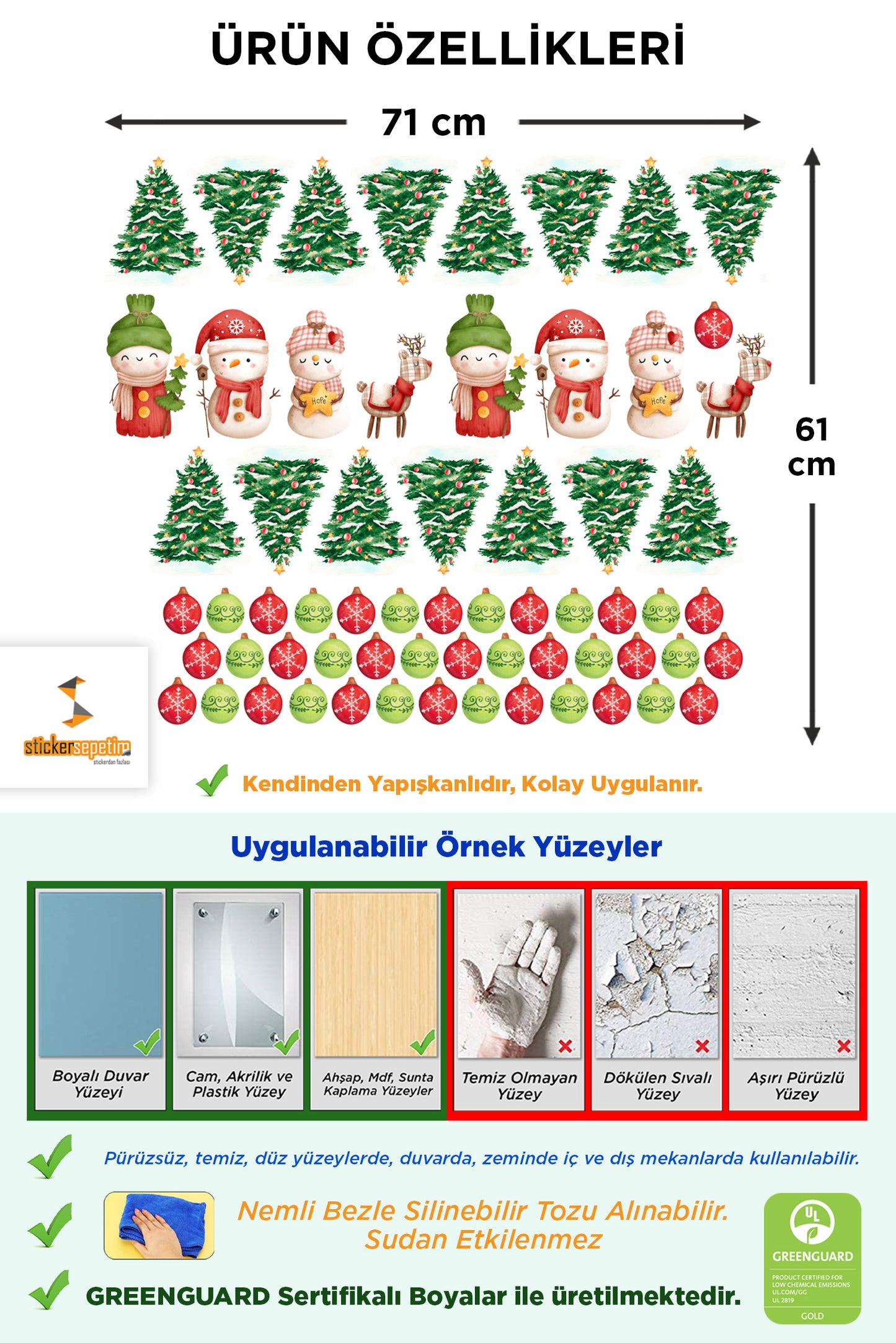 Yılbaşı Temalı Yeni Yıl Süsleri Çam Ağacı ve Kardan Adam Christmast Cam, Kapı, Duvar Sticker Seti