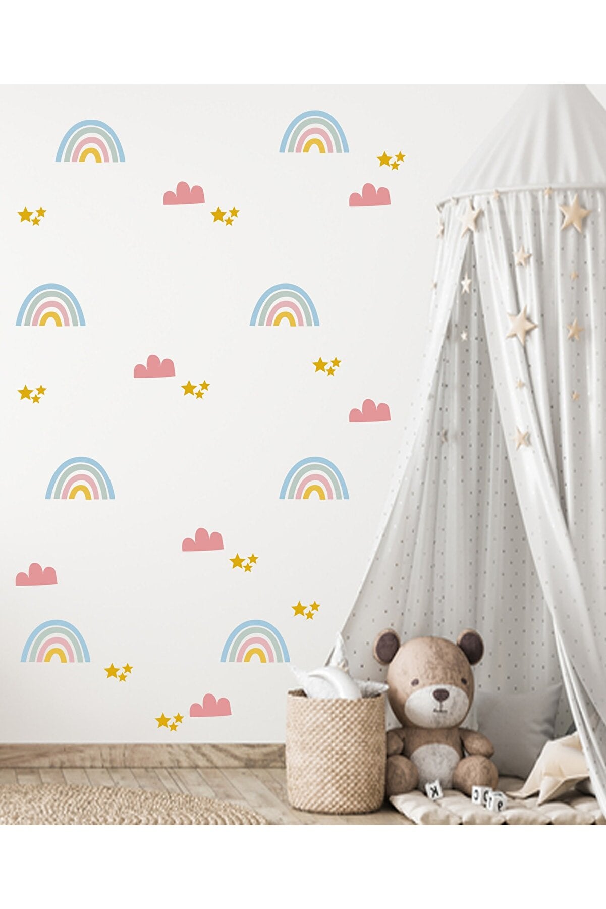 Duvar Sticker Çocuk Odası Duvar Sticker - Pembe Gökkuşağı Bulut Ve Yıldızlar Dekoratif Duvar Süsü