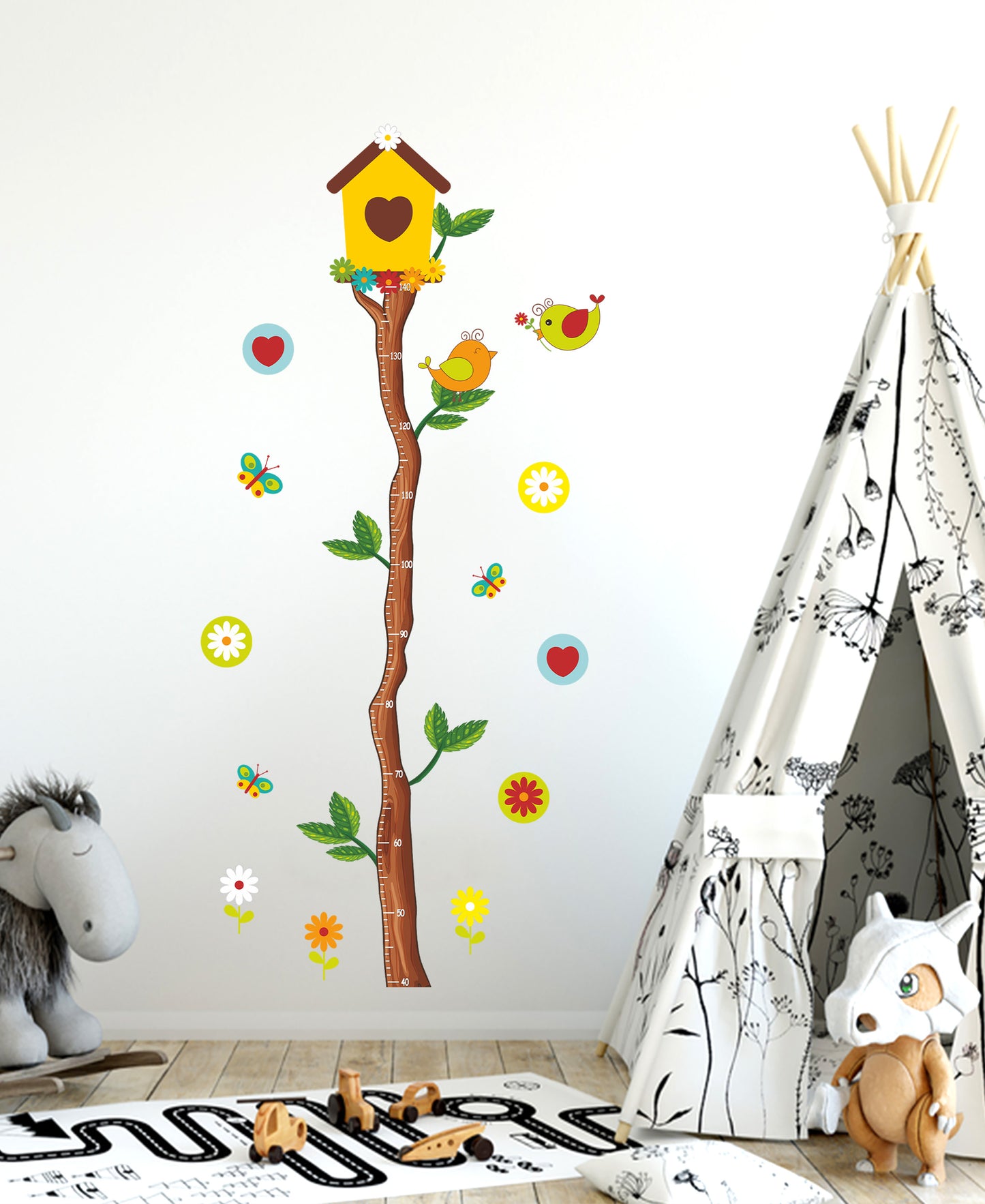 Ağaç Dalı Boy Ölçer , Kuş Yuvası, Kuşlar ,Kelebekler Dekoratif Çocuk Odası Duvar Sticker