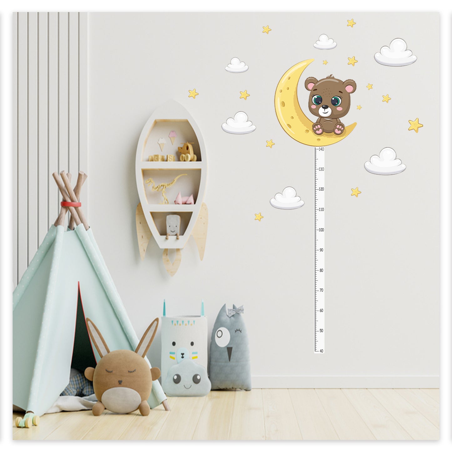 Ayda Oturan Yavru Ayıcık Bulutlar ve Yıldızlar Boy ve Gelişim Ölçer Çocuk Odası Duvar Sticker