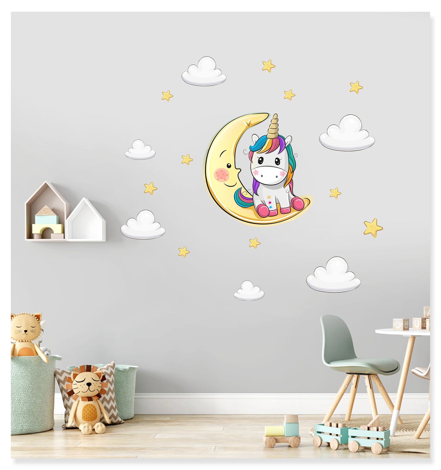 Ayda Oturan Yavru Unicorn Bulutlar ve Yıldızlar Çocuk Odası Duvar Sticker