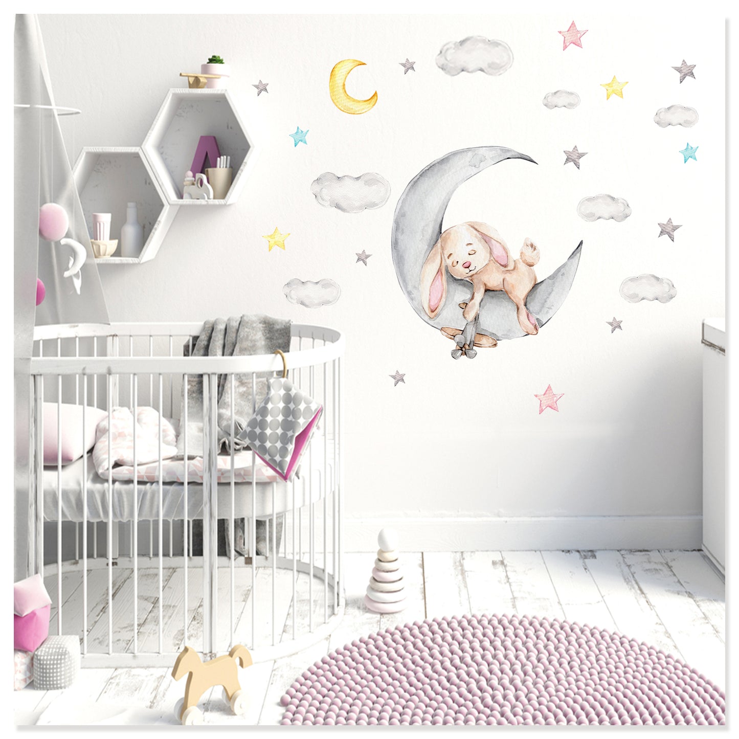 Ayda Uyuyan Tavşan Bulutlar ve Yıldızlar Çocuk Odası Dekoratif Duvar Sticker