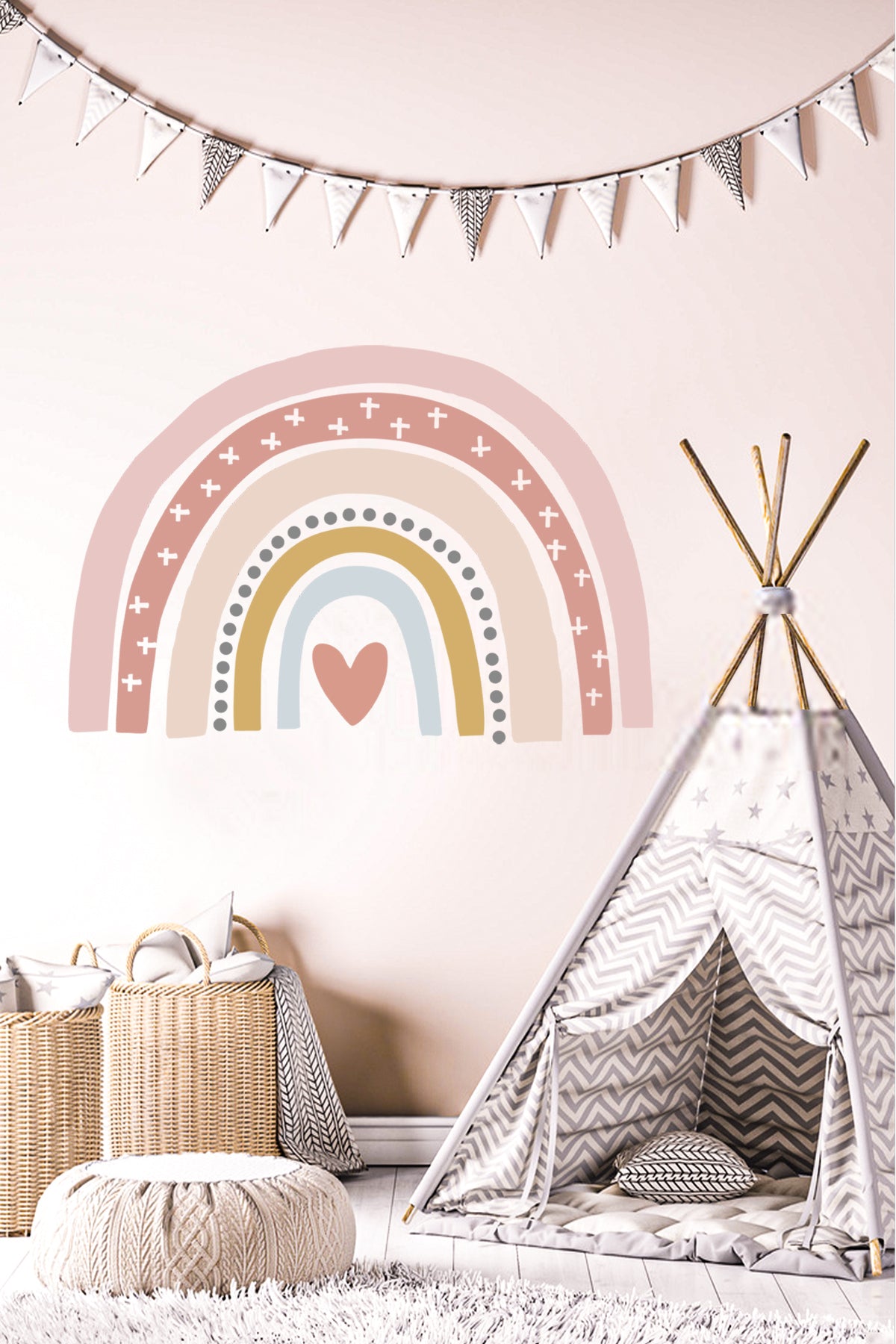 Çocuk Odası Duvar Sticker Kalp Ve Puantiyeli Soft Renkli Gökkuşağı Duvar Süsü