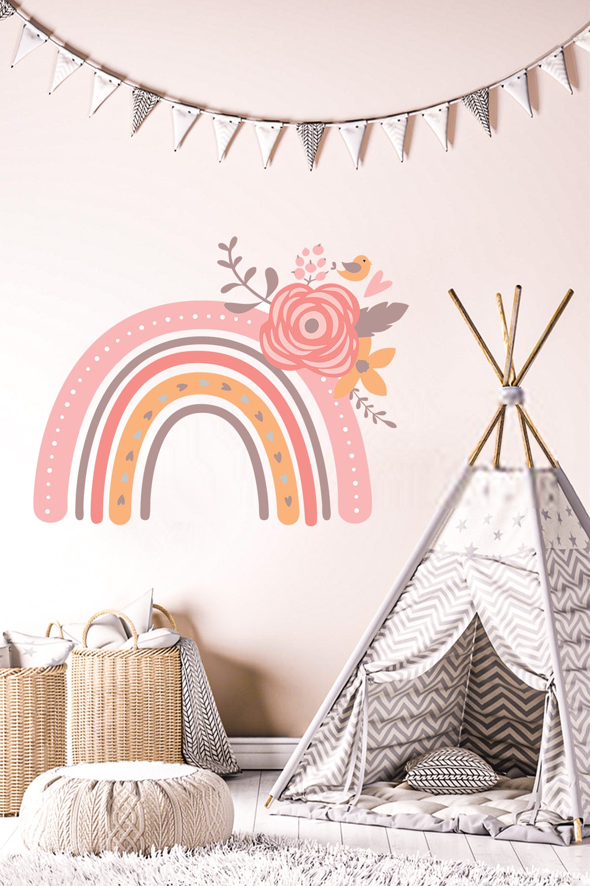 Çocuk Odası Duvar Sticker - Soft Renkli Çiçekli Gökkuşağı