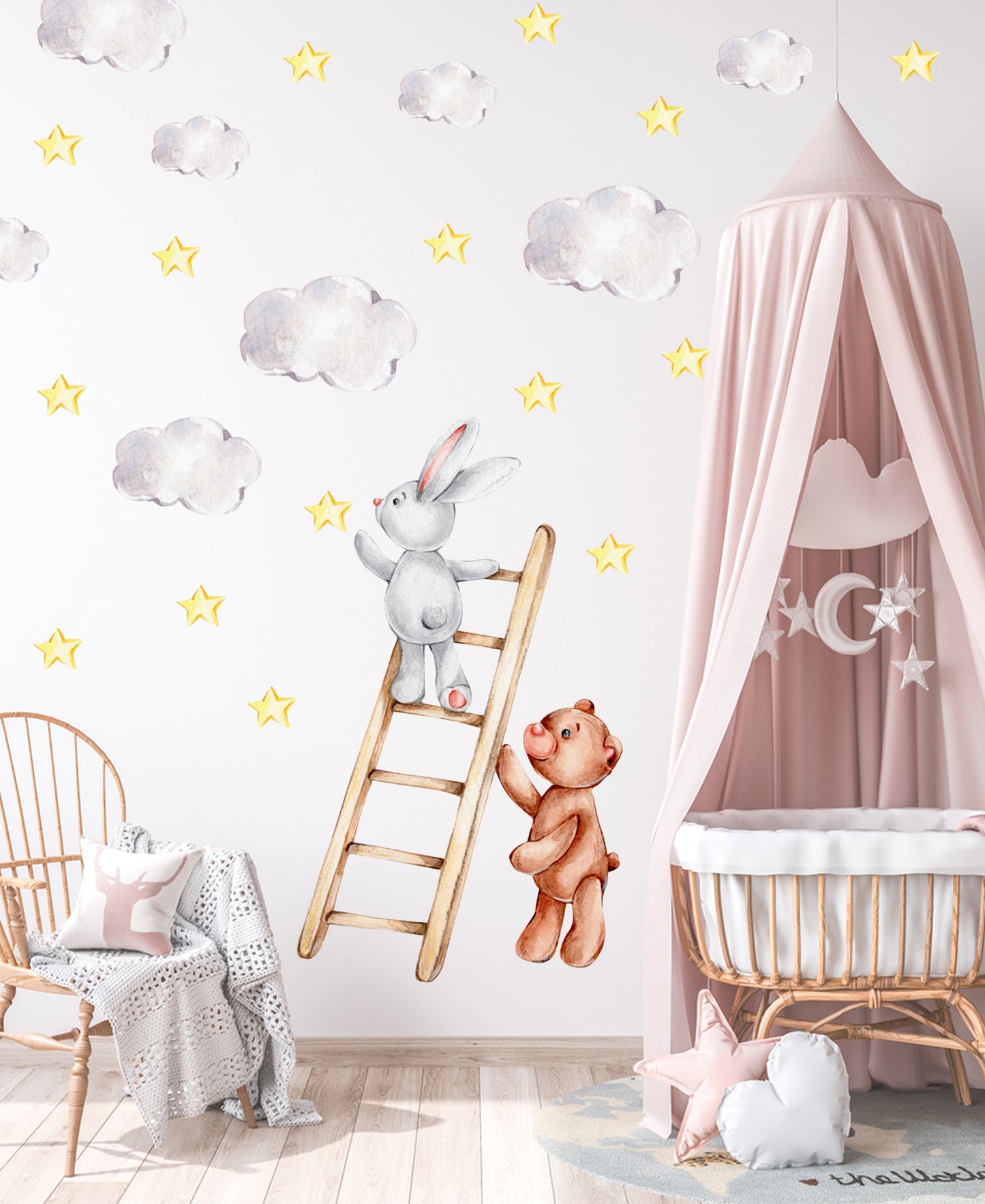 Çocuk Odası Duvar Sticker Sulu Boya Peluş Tavşan Ve Ayıcık Dekoratif Duvar Sticker - Duvar Süsü