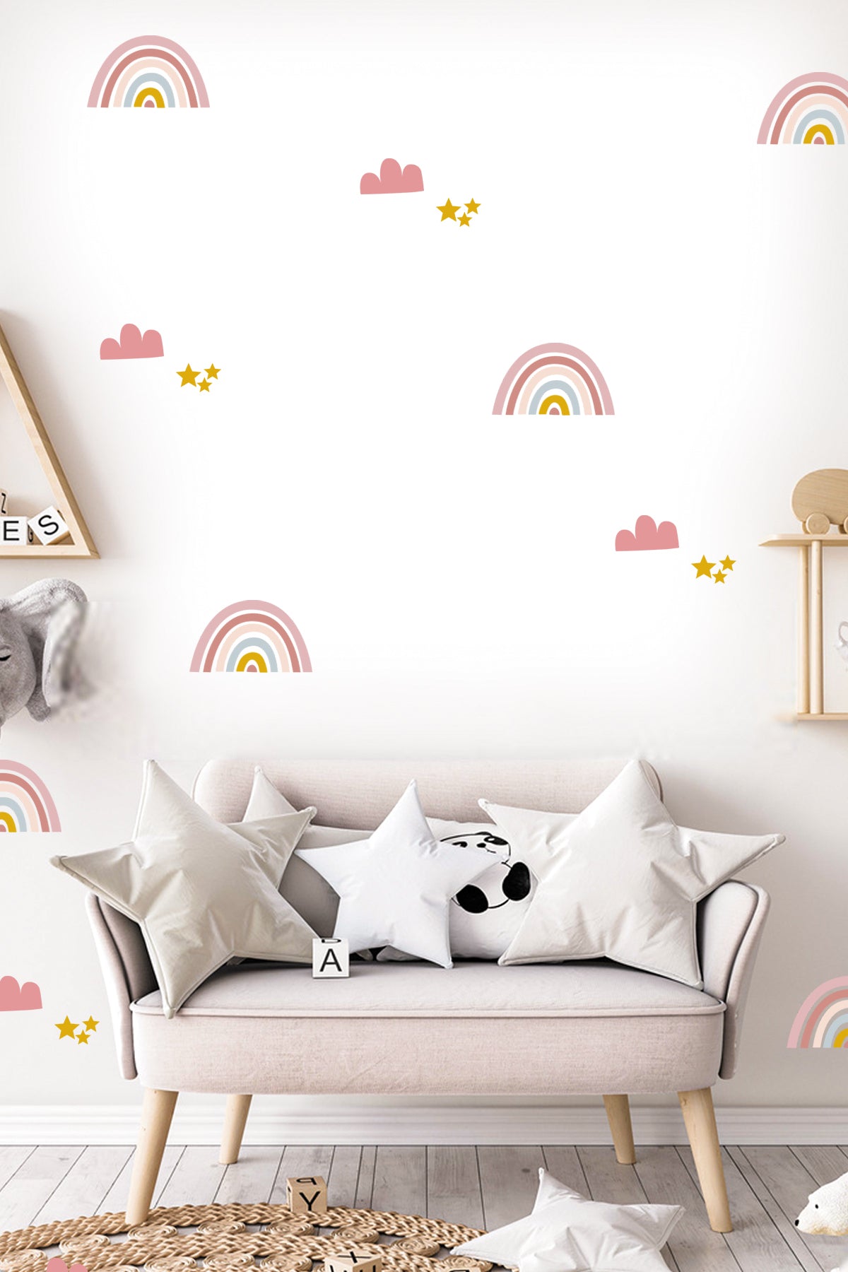Duvar Sticker Çocuk Odası Duvar Sticker - Soft Renkli Pembe Gökkuşağı Bulut Ve Yıldızlar Dekoratif Duvar Süsü