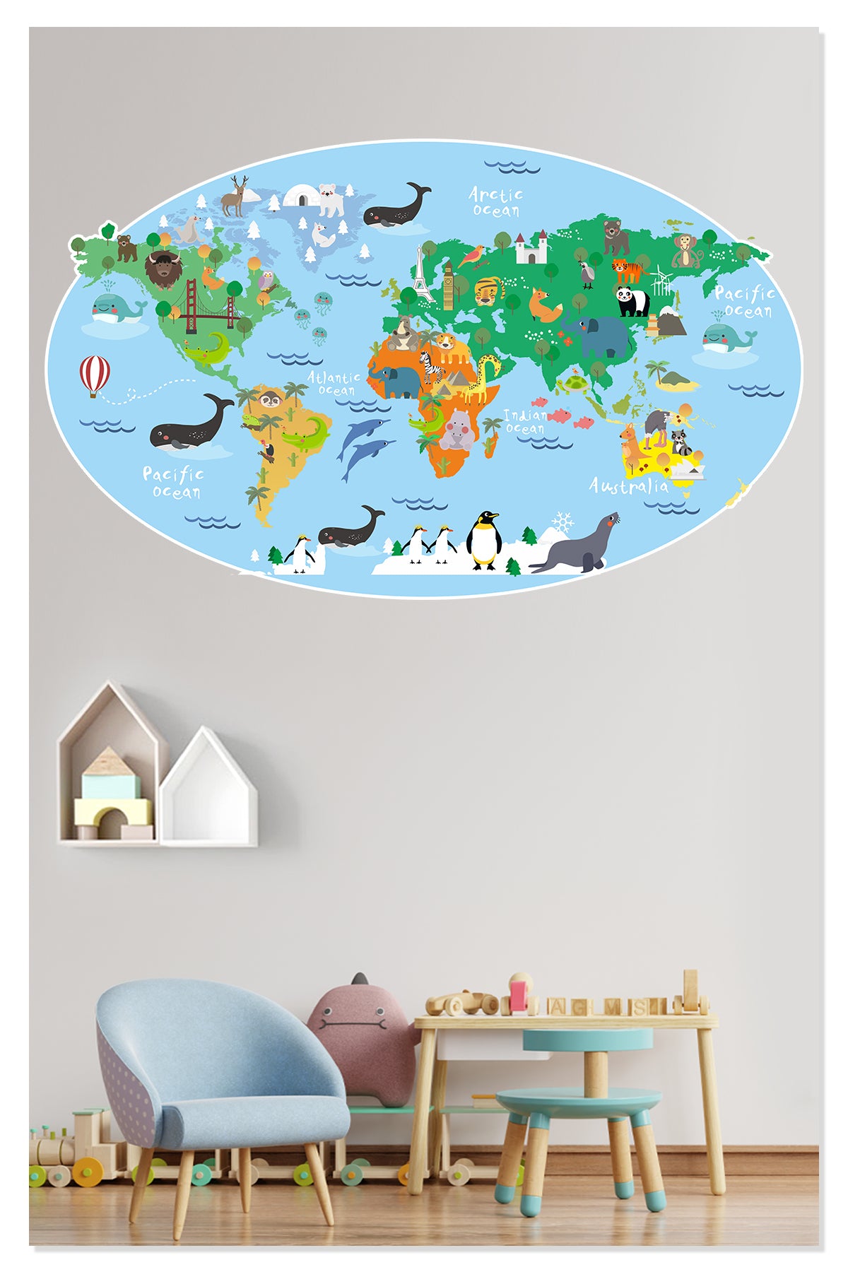 Eğitici Renkli Dünya Atlası , Dünya Haritası Okul, Kreş, Çocuk ve Bebek Odası Duvar Sticker