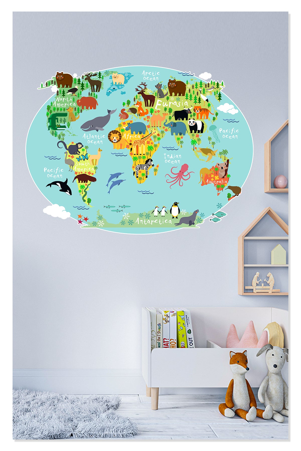 Eğitici Renkli Dünya Atlası , Dünya Haritası Okul, Kreş, Çocuk ve Bebek Odası Duvar Sticker