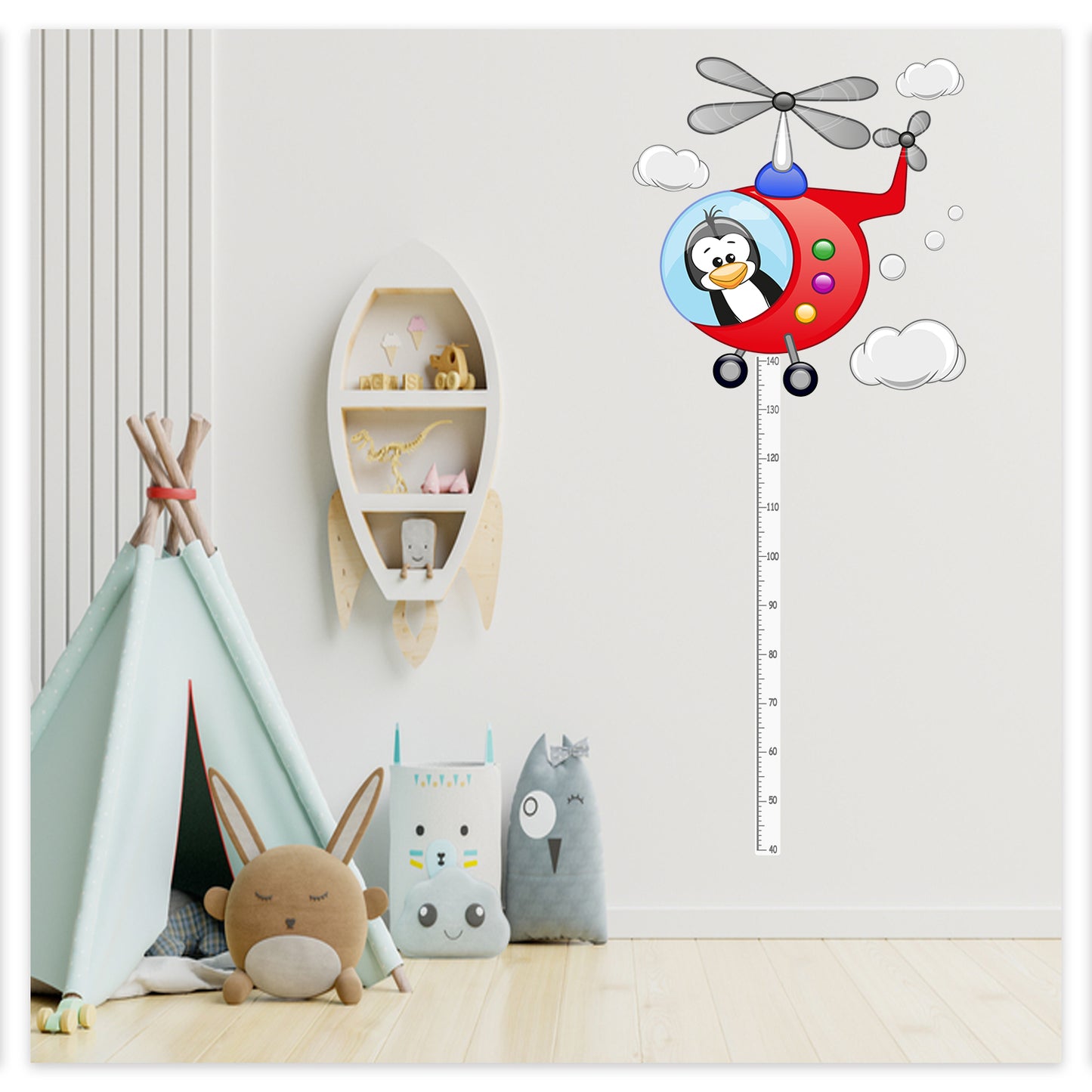 Helikopter Pilotu Penguenve Bulutlar Boy ve Gelişim Ölçer Çocuk Odası Duvar Sticker