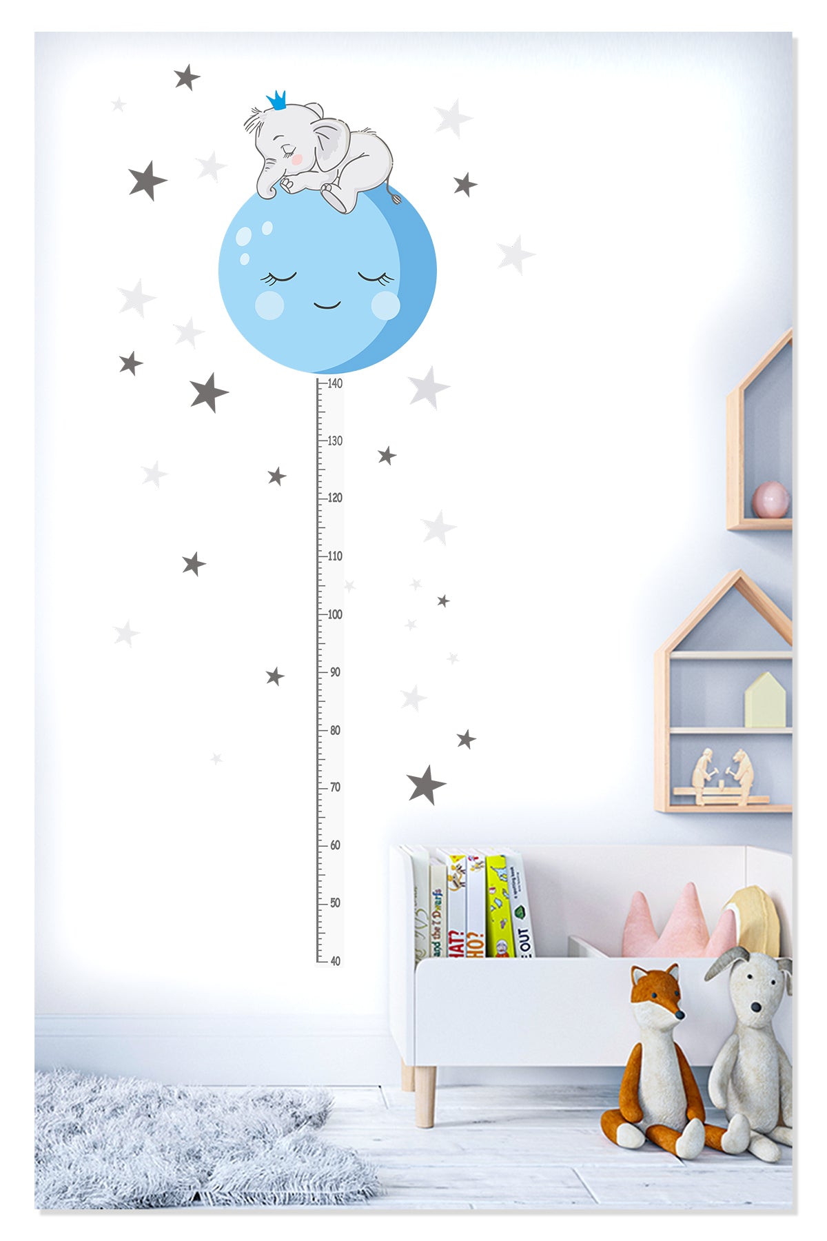 Sevimli Uyuyan Fil ve Mavi Ay Boy Ölçer Çocuk Odası Duvar Sticker