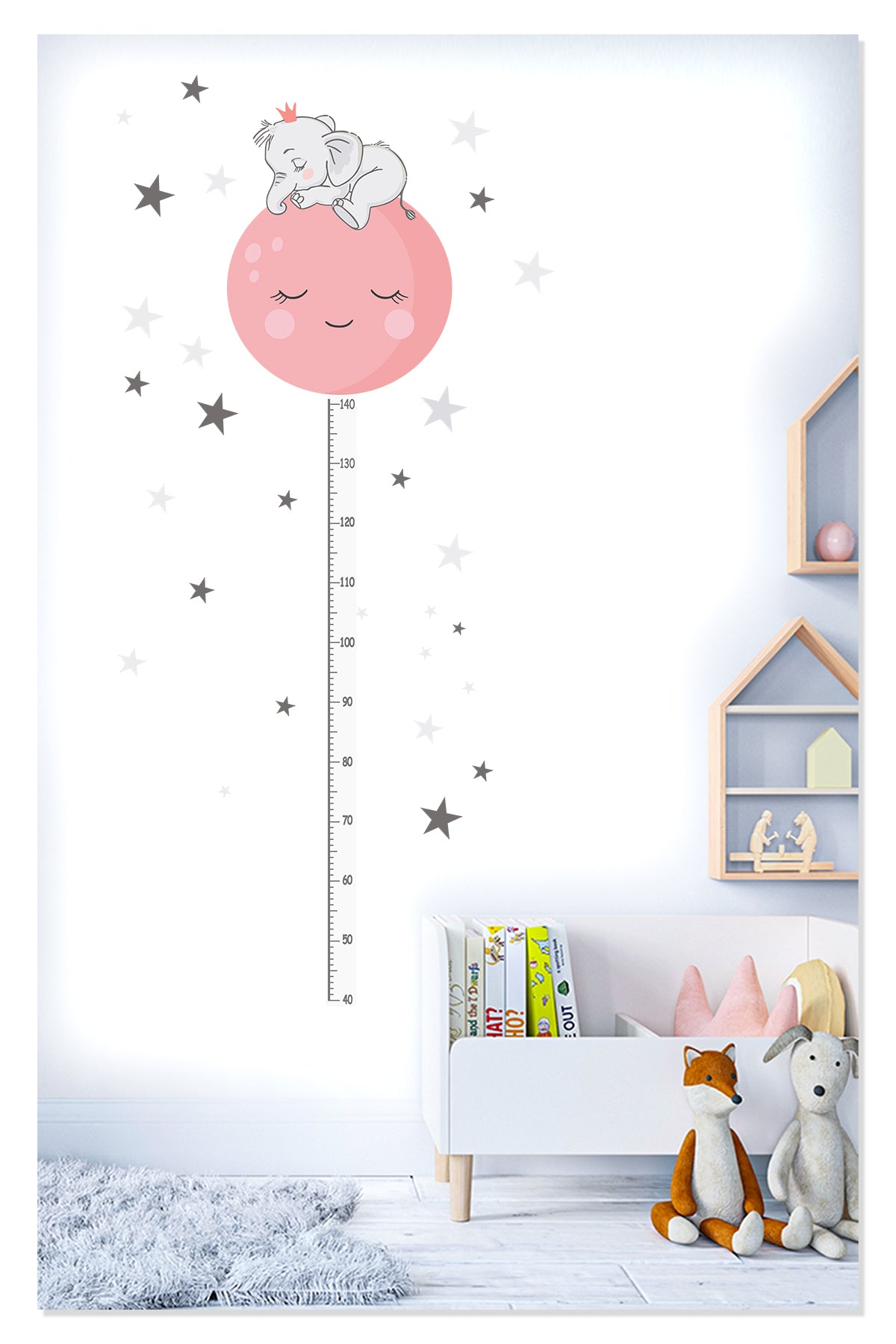 Sevimli Uyuyan Fil ve Pembe Ay Boy Ölçer Çocuk Odası Duvar Sticker
