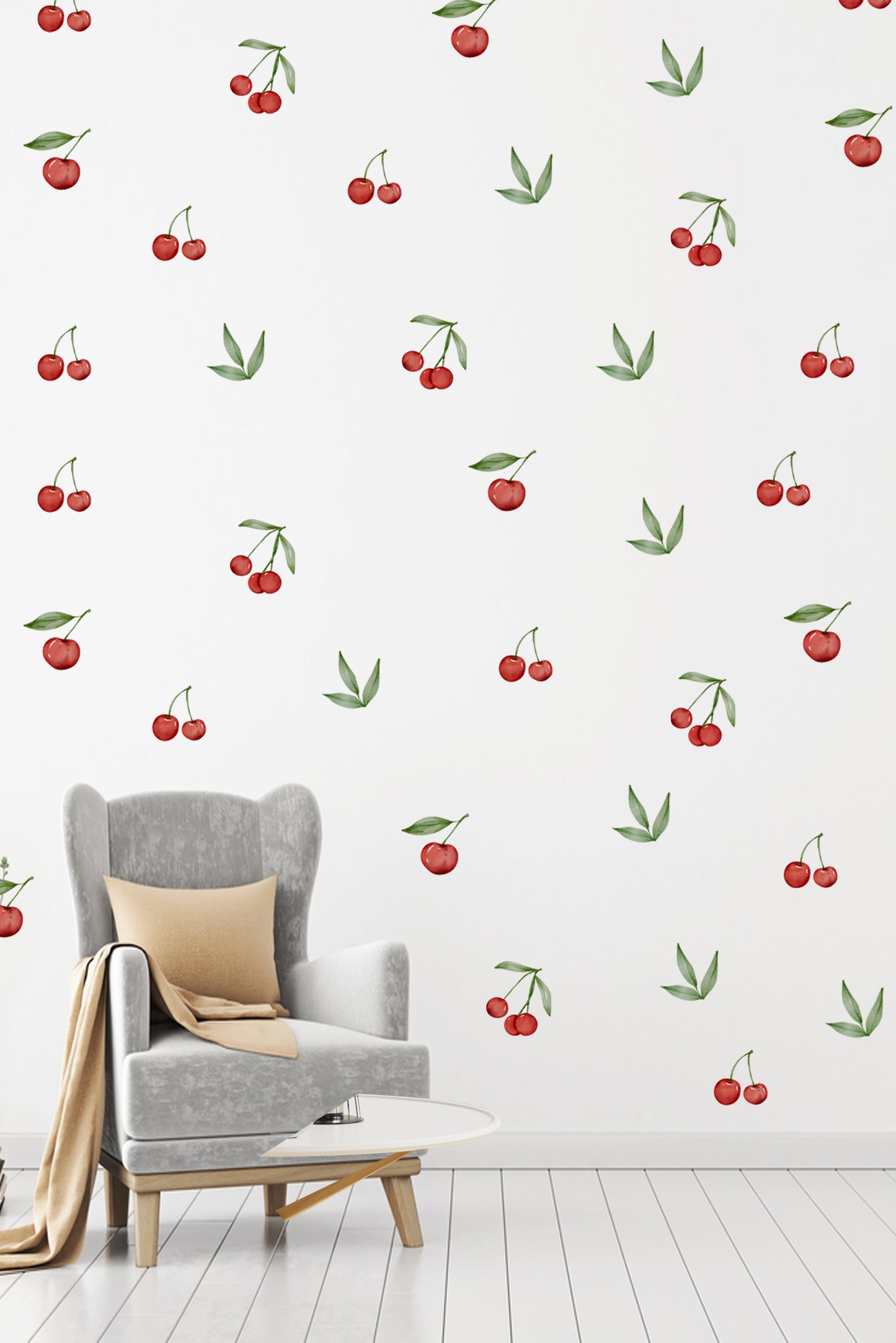 Sulu Boya Watercolor Kiraz Desenli Puantiye Dekoratif Duvar Sticker Seti Duvar Süsü