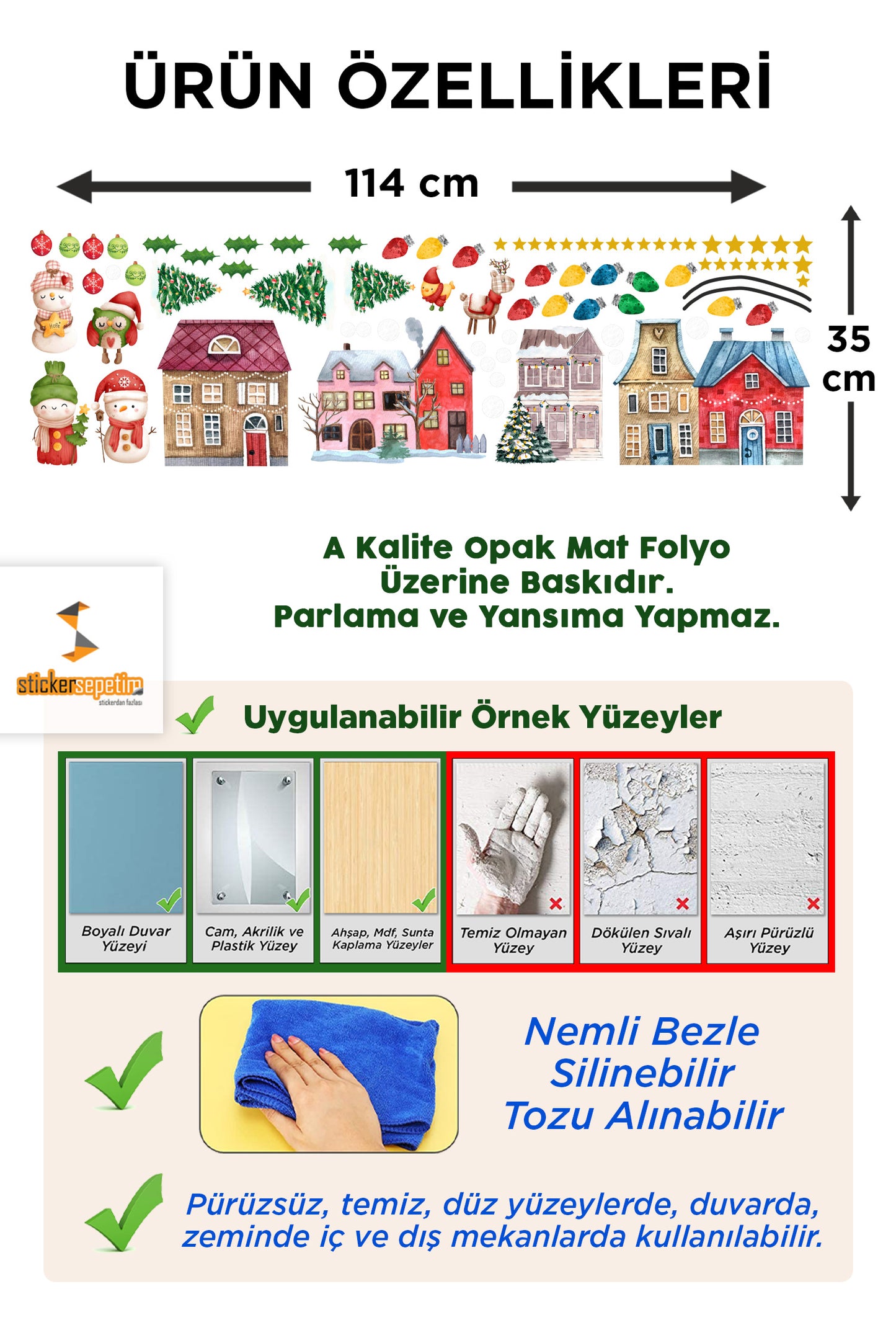 Yılbaşı Temalı Karlı Şehir, Evler Kardan Adam Christmas Cam, Duvar Sticker Seti