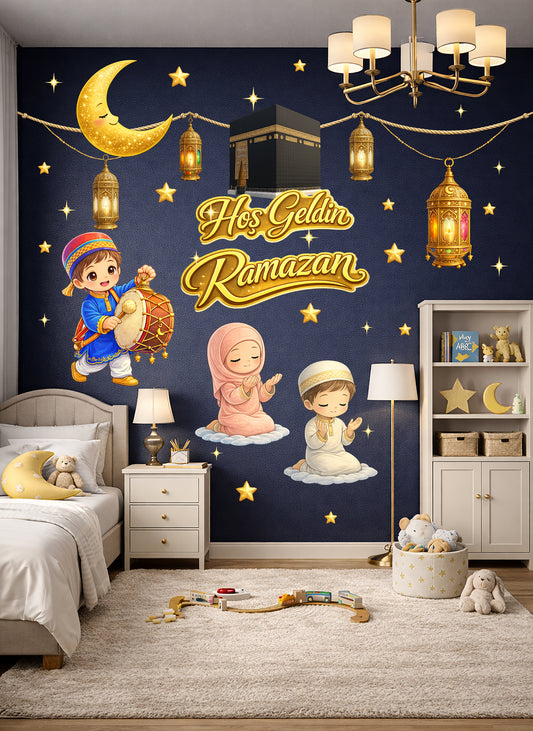 Hoş Geldin Ramazan – Kâbe ve Kandillerle Işıltılı Gece Çocuk Odası Duvar Sticker Seti
