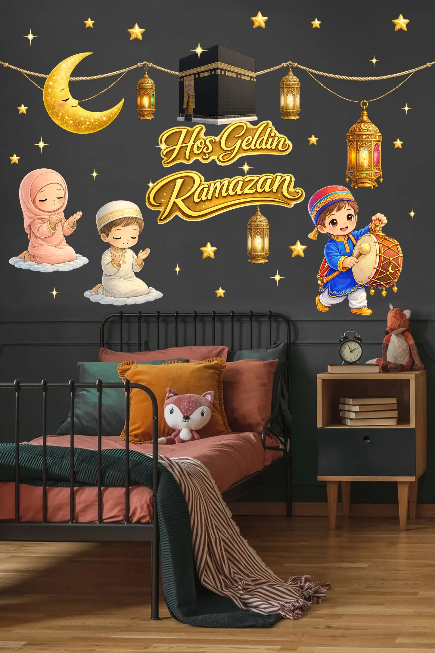 Hoş Geldin Ramazan – Kâbe ve Kandillerle Işıltılı Gece Çocuk Odası Duvar Sticker Seti