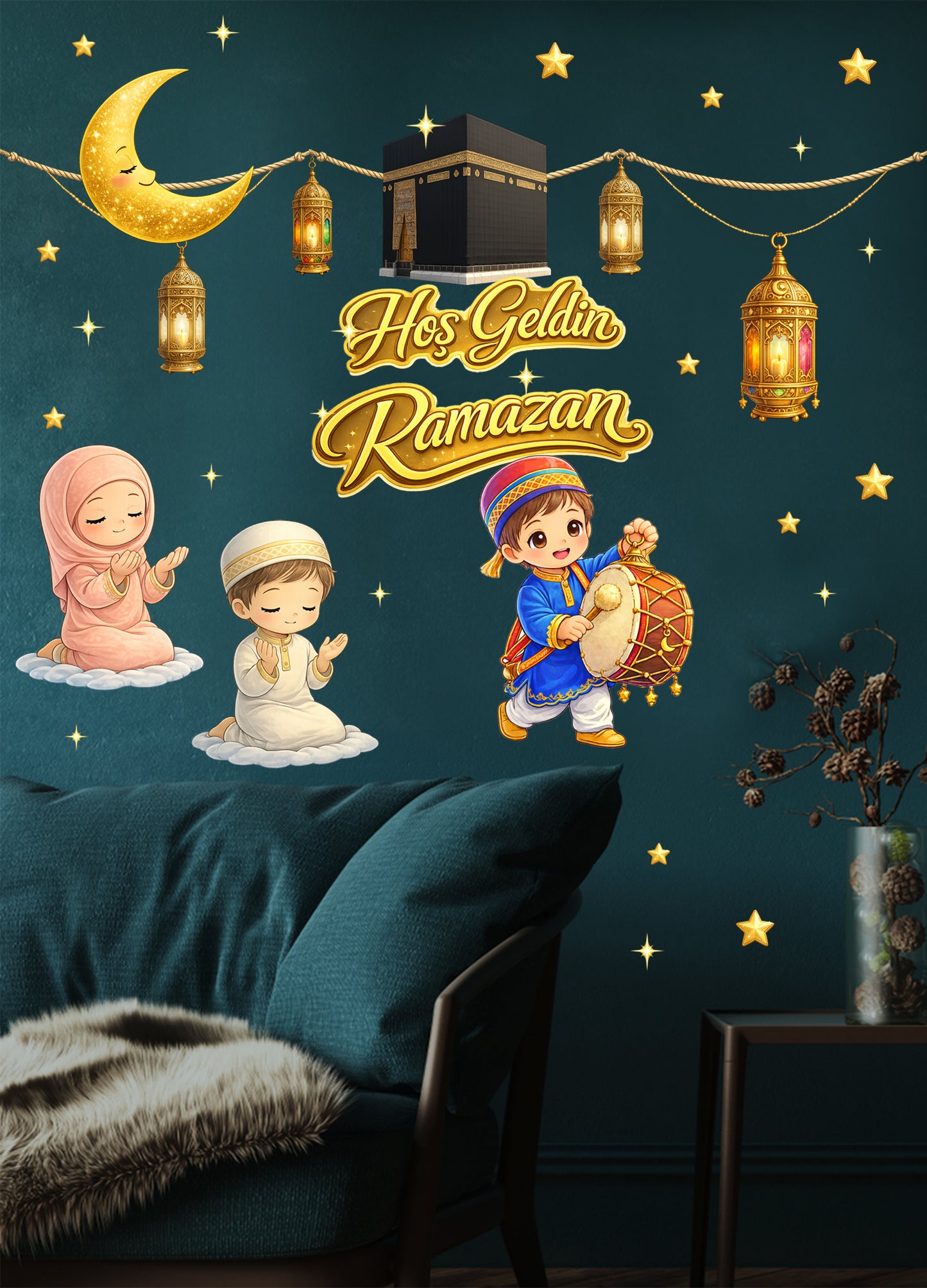 Hoş Geldin Ramazan – Kâbe ve Kandillerle Işıltılı Gece Çocuk Odası Duvar Sticker Seti