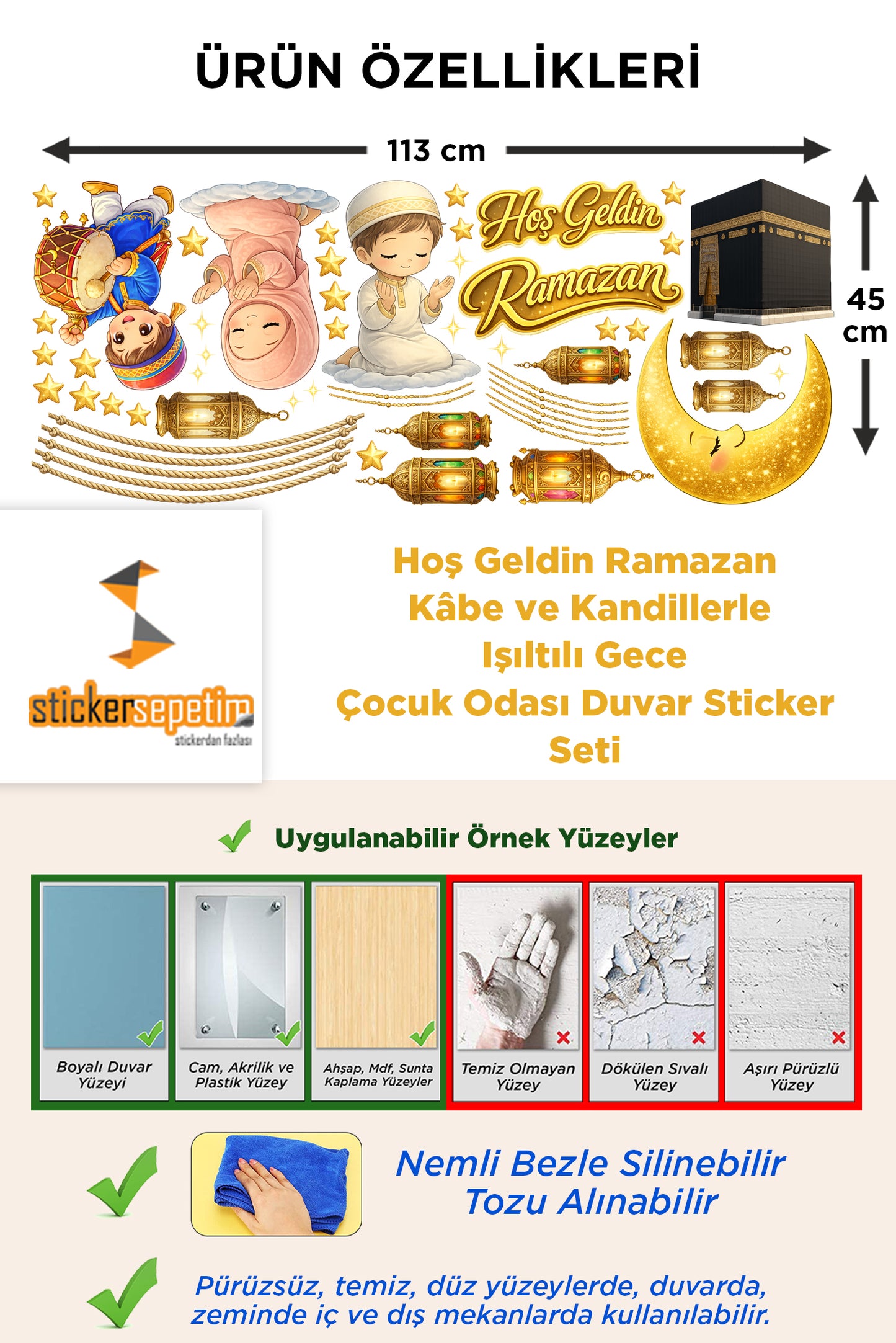 Hoş Geldin Ramazan – Kâbe ve Kandillerle Işıltılı Gece Çocuk Odası Duvar Sticker Seti