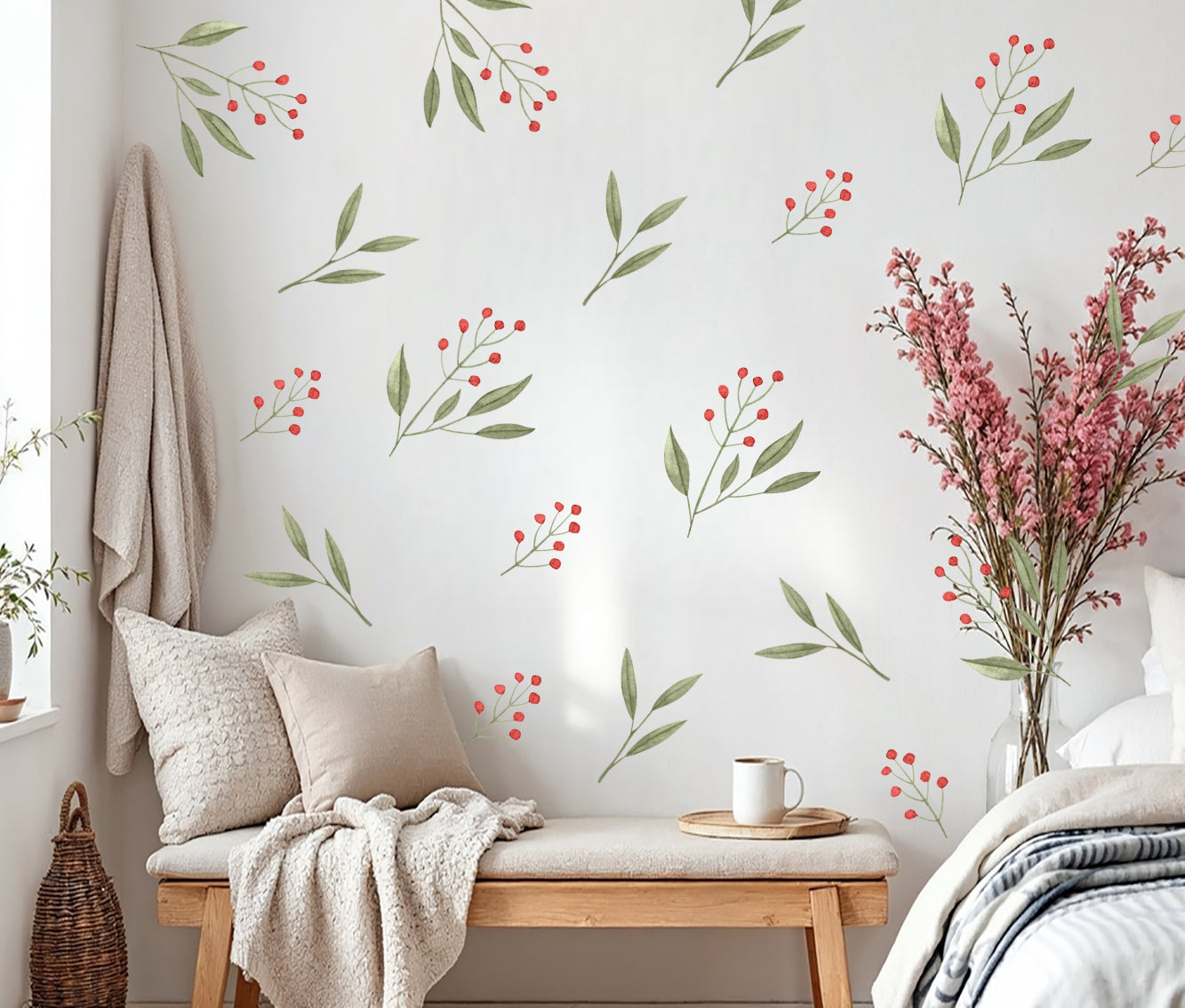 Çiçek ve Yaprak Desenli Pastel Tonlu Duvar Sticker Seti