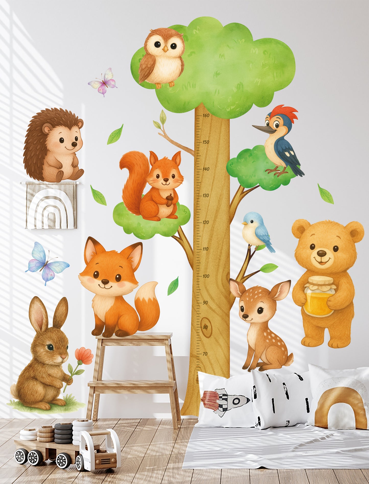 Sulu Boya Orman Dostları XL Boy Ölçer Duvar Sticker – Çocuk Odası Dekoru
