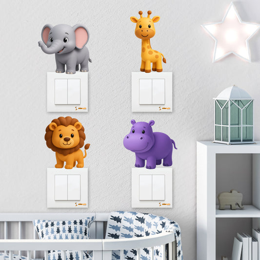 Sevimli Fil, Sevimli Zürafa, Sevimli Aslan, Sevimli Su Aygırı 3D Priz Duvar Çocuk Odası Sticker Seti