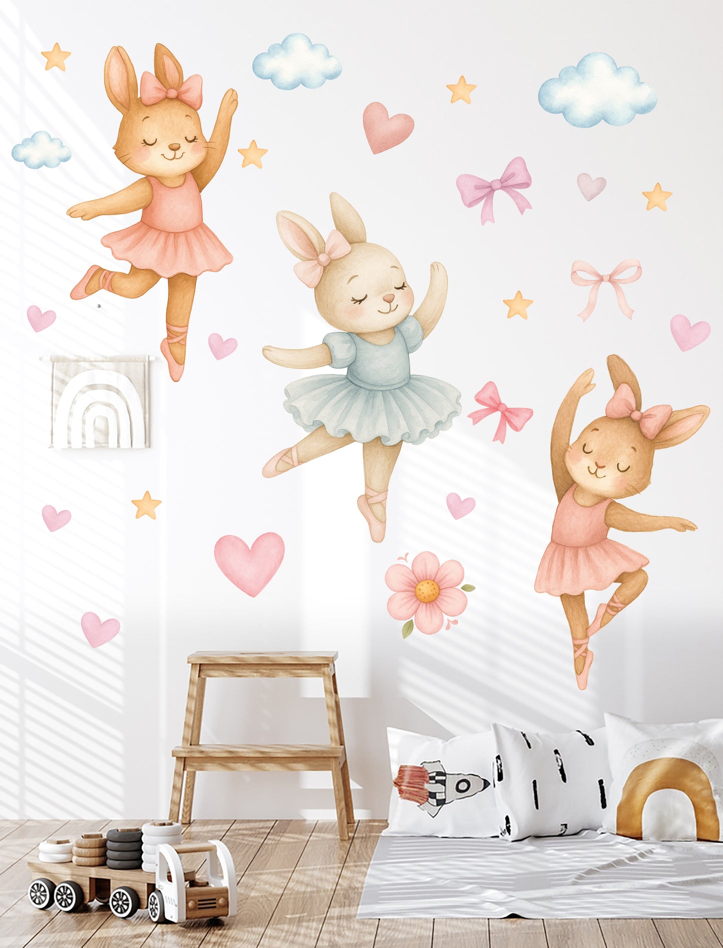 Sulu Boya Balerin Tavşanlar Çocuk Odası Duvar Sticker Seti – Pastel Pembe Mavi Dekor