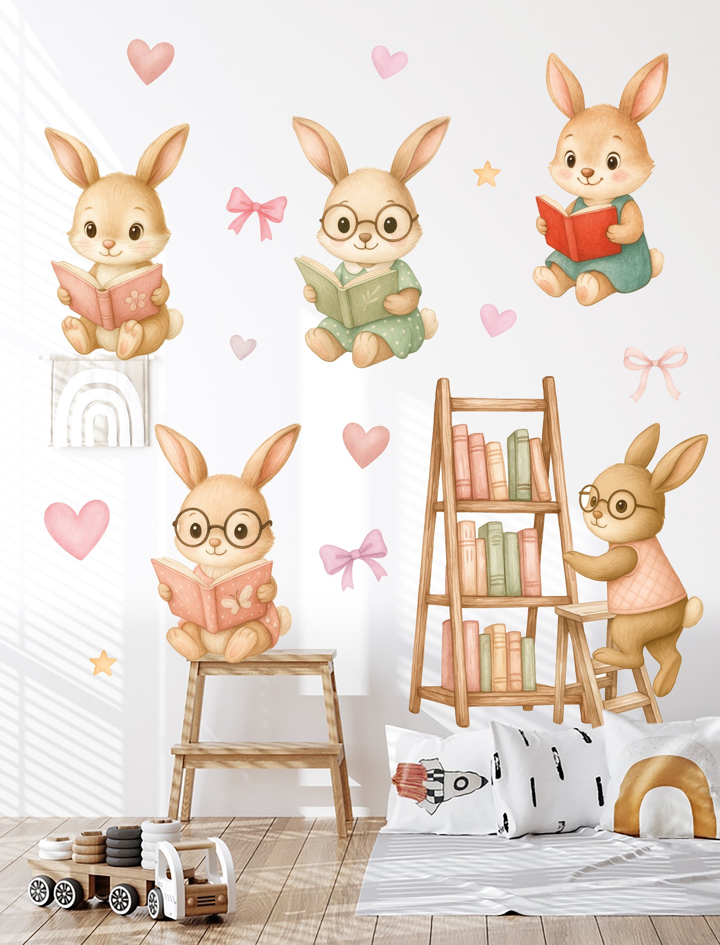 Okuma Zamanı Sevimli Tavşanlar Sulu Boya Çocuk Odası Duvar Sticker Seti