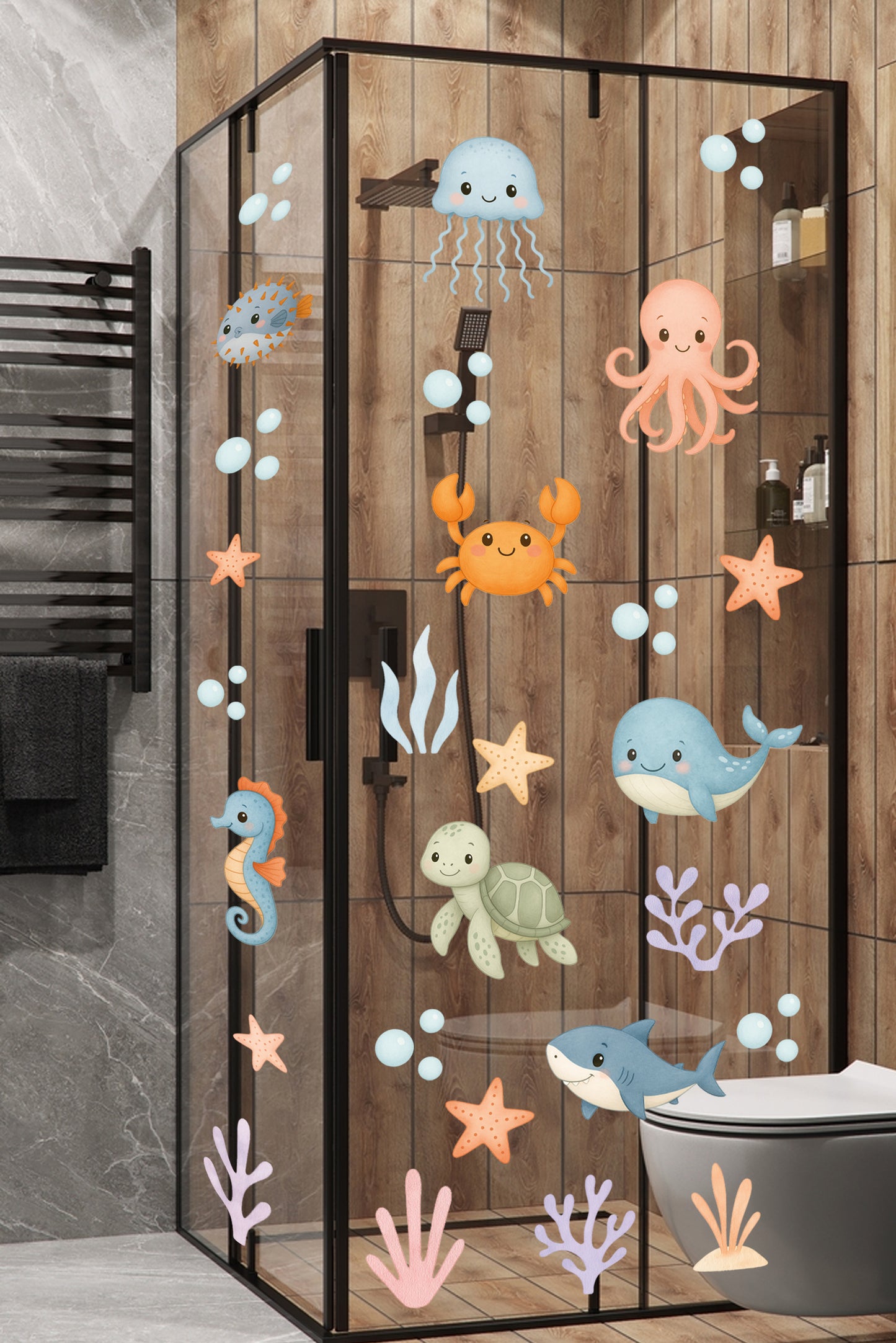 Sevimli Pastel Deniz Canlıları – Balık, Yengeç, Ahtapot, Kaplumbağa Duşakabin & Banyo Duvar Sticker Seti