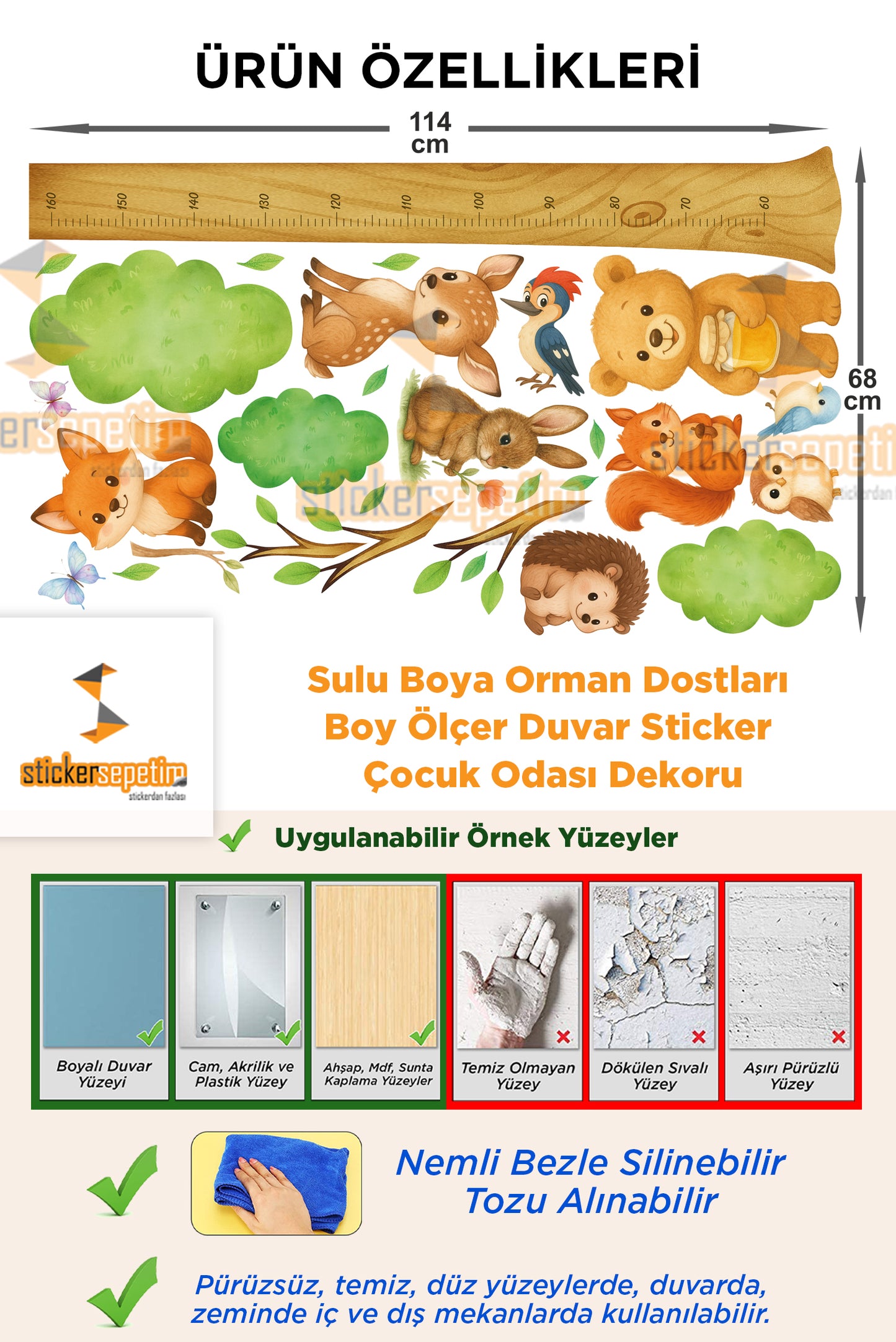 Sulu Boya Orman Dostları XL Boy Ölçer Duvar Sticker – Çocuk Odası Dekoru