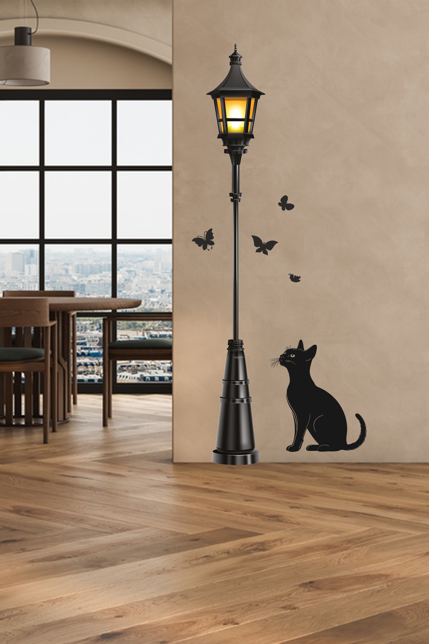 Sokak Lambası Bakan Kedi ve Kelebekler II Dekotaratif Duvar Sticker